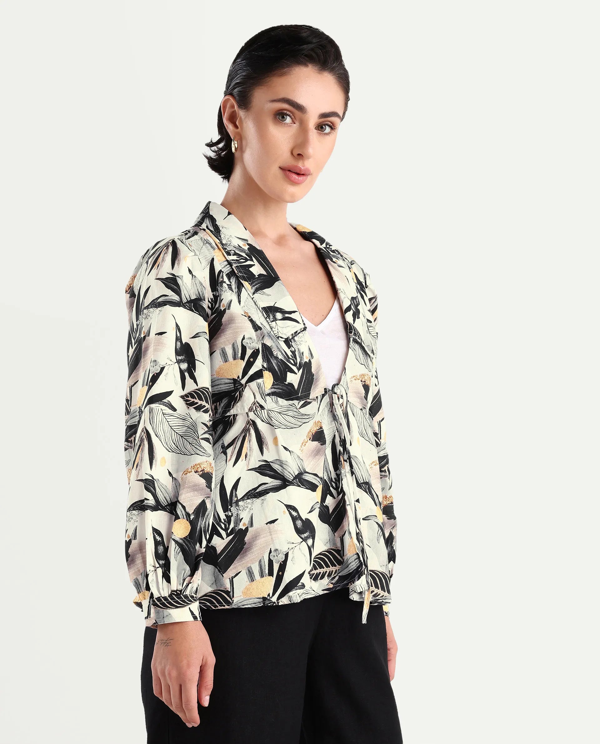 Rareism Women's Stevieo T Multi Cotton Blend Lapel Neck Tropical Print Cuffed Sleeve Regular Fit Top
