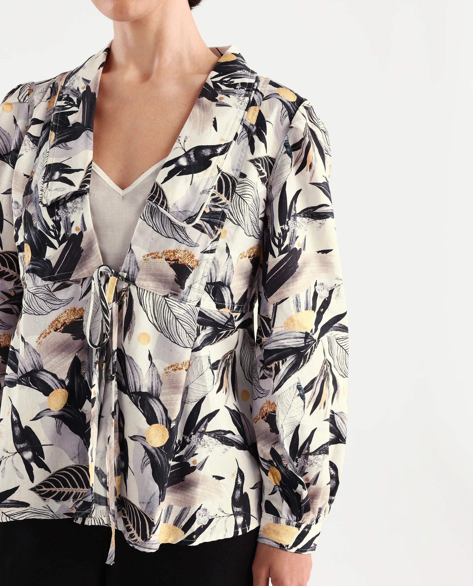 Rareism Women's Stevieo T Multi Cotton Blend Lapel Neck Tropical Print Cuffed Sleeve Regular Fit Top