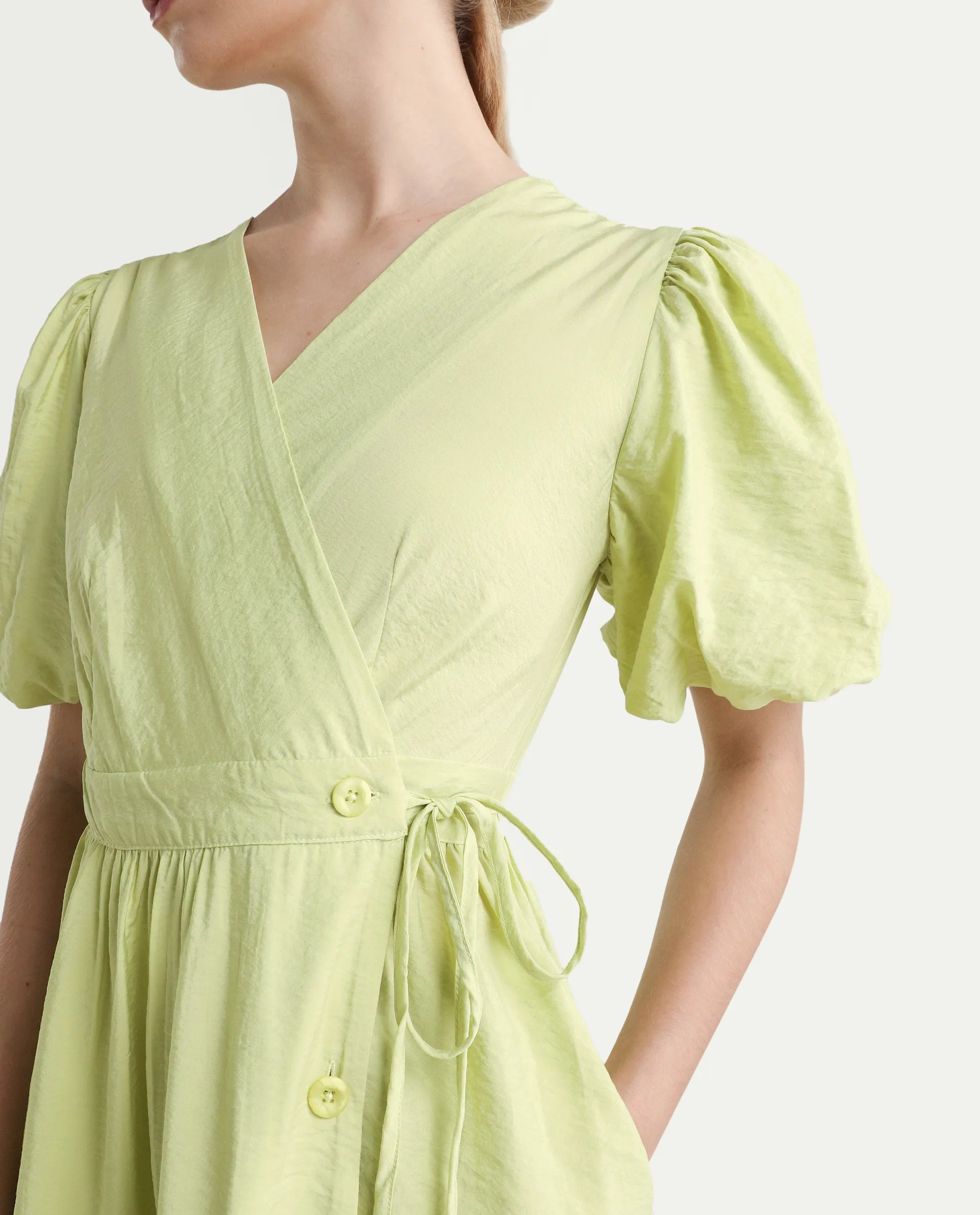Rareism Women's Stewart Light Green Nylon Blend Overlap Neck Plain Balloon Sleeve Maxi Fit And Flare Dress