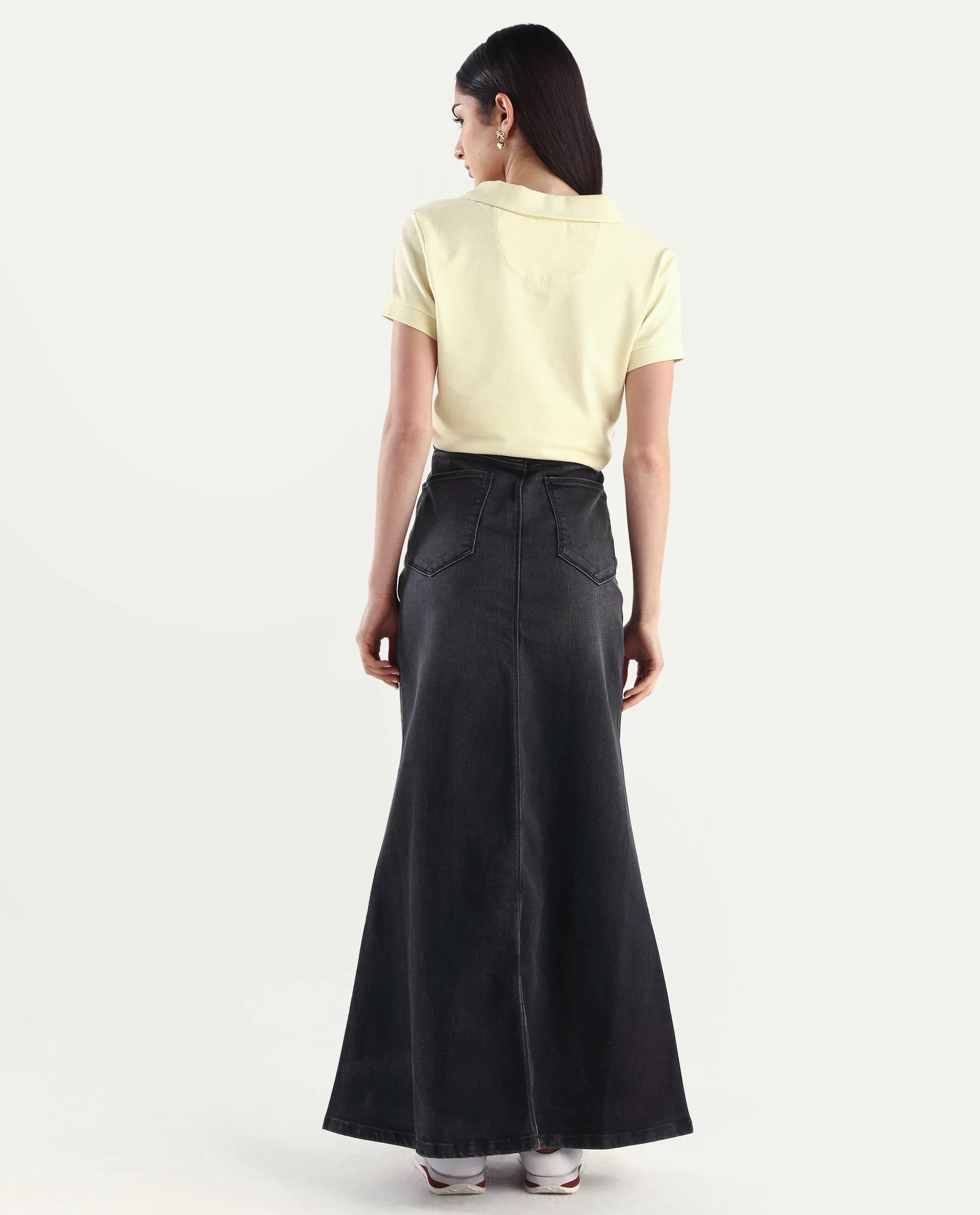 Rareism Women's Stinger Black Cotton Blend Plain Maxi Flared Skirt