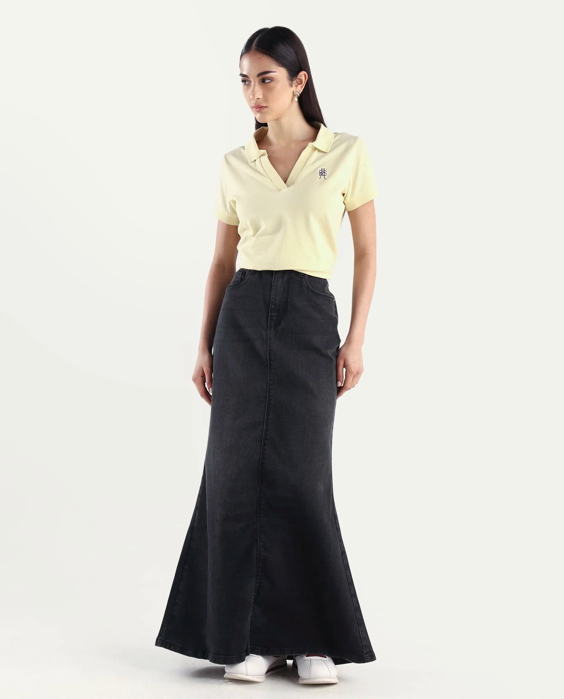 Rareism Women's Stinger Black Cotton Blend Plain Maxi Flared Skirt