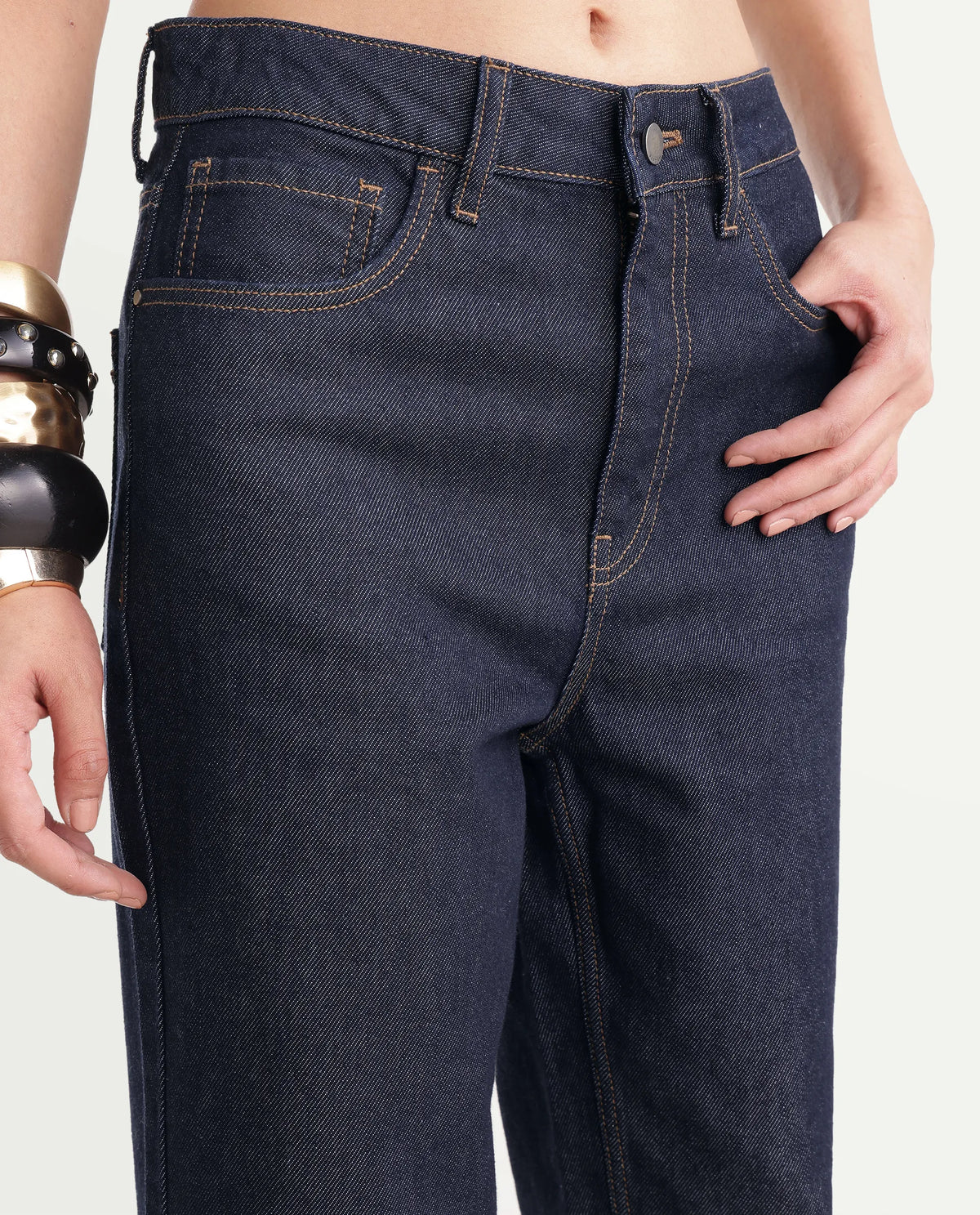 Rareism Women's Strank-1 Dark Navy Cotton Blend Shank And Zipper Ankle Straight Plain Jeans
