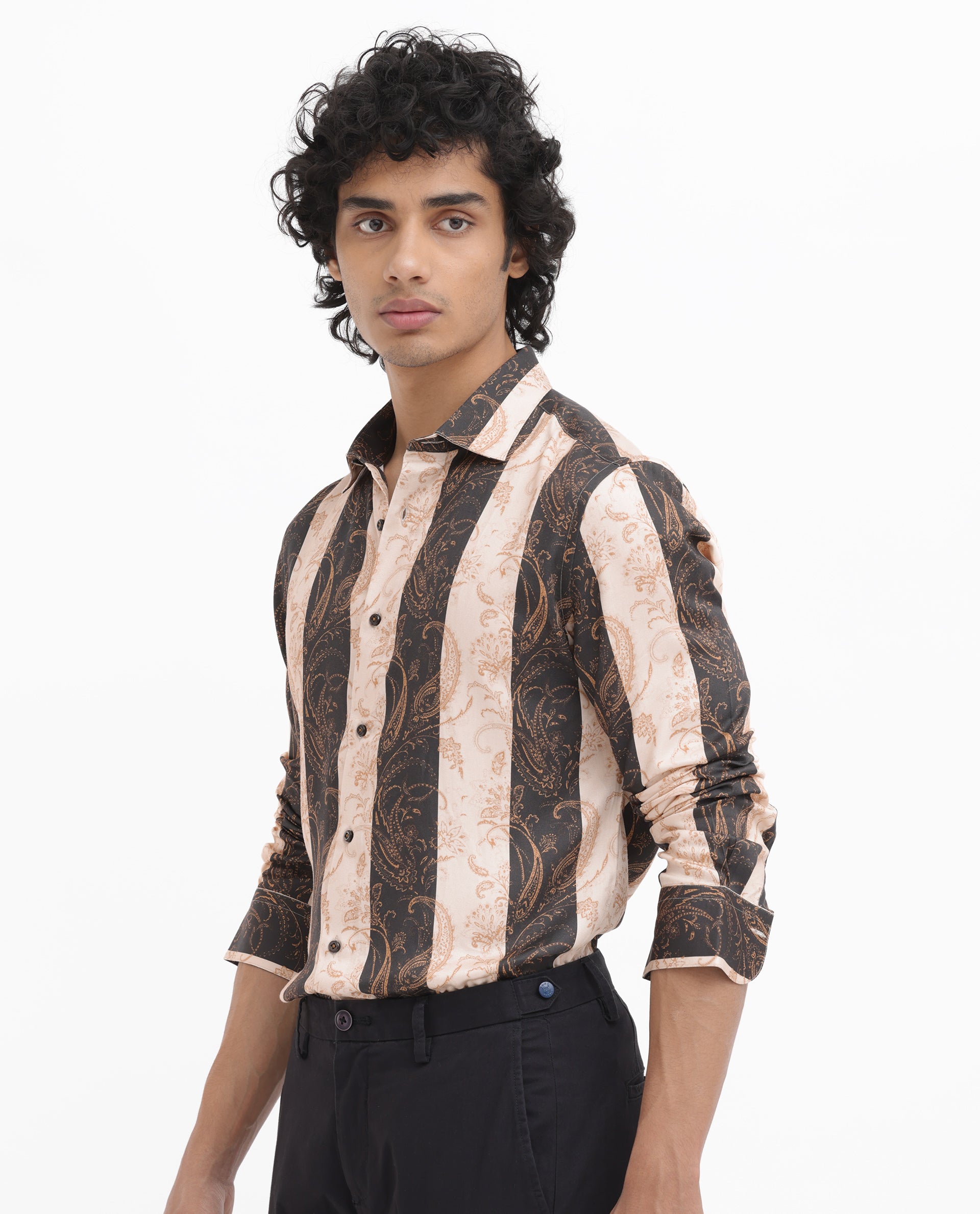 Rare Rabbit Men's Faben Beige Viscose Fabric Full Sleeves Paisley Stripe Print Shirt