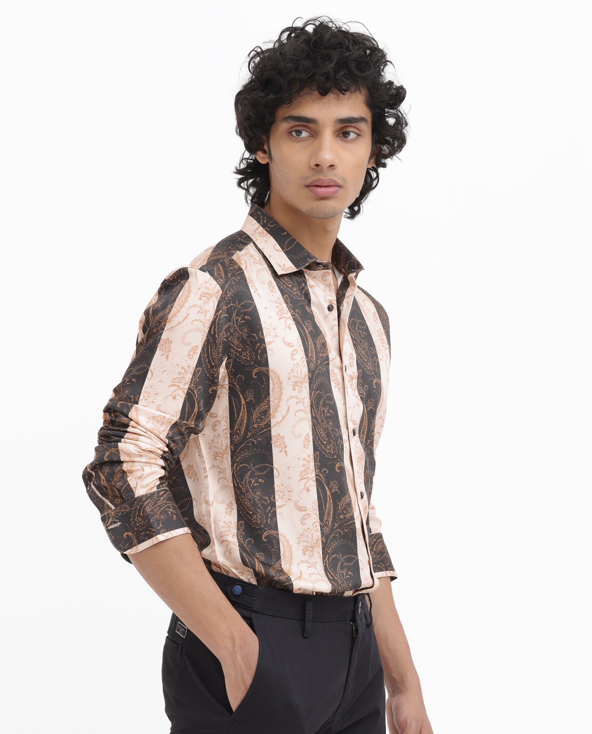 Rare Rabbit Men's Faben Beige Viscose Fabric Full Sleeves Paisley Stripe Print Shirt