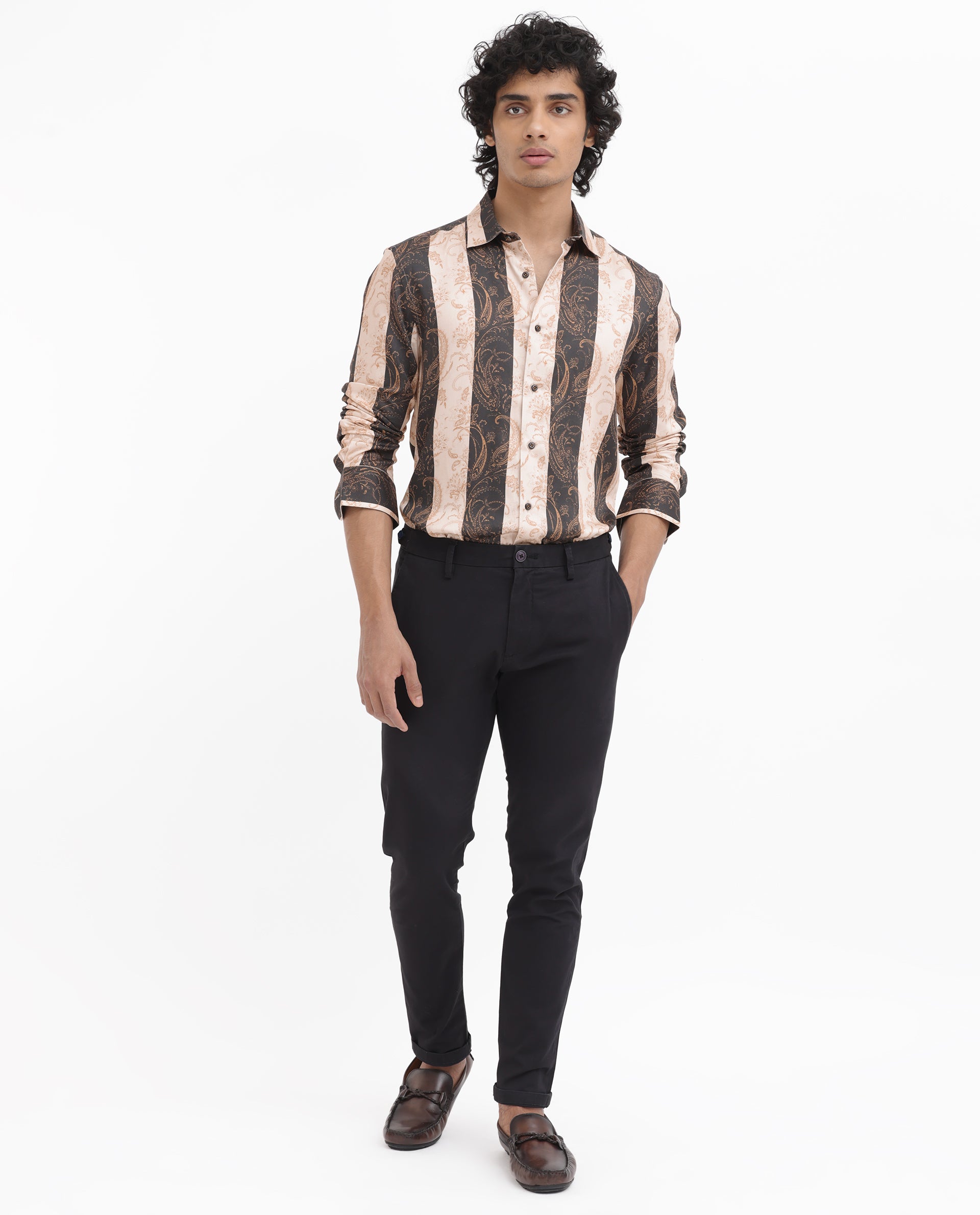 Rare Rabbit Men's Faben Beige Viscose Fabric Full Sleeves Paisley Stripe Print Shirt