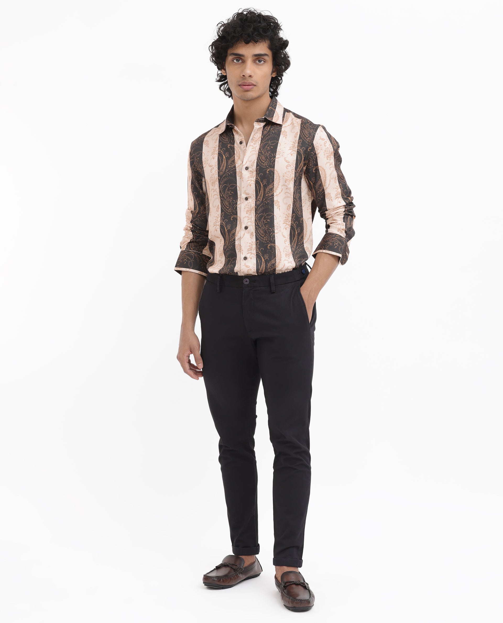 Rare Rabbit Men's Faben Beige Viscose Fabric Full Sleeves Paisley Stripe Print Shirt