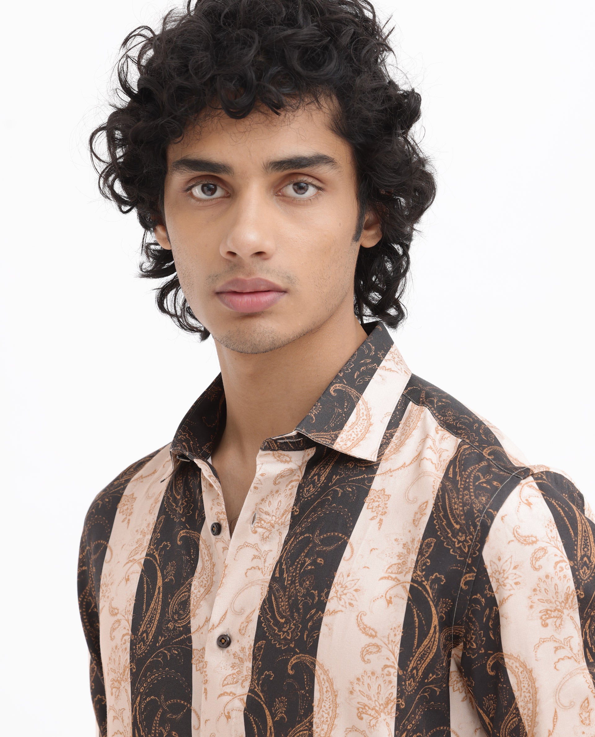 Rare Rabbit Men's Faben Beige Viscose Fabric Full Sleeves Paisley Stripe Print Shirt