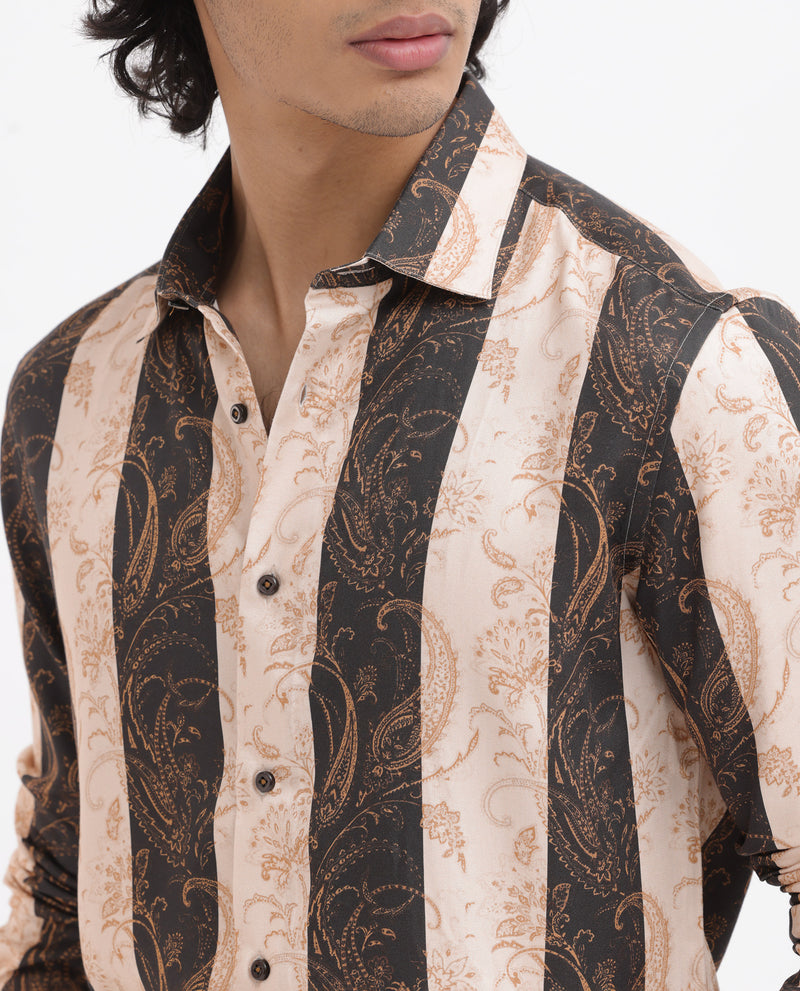 Rare Rabbit Men's Faben Beige Viscose Fabric Full Sleeves Paisley Stripe Print Shirt