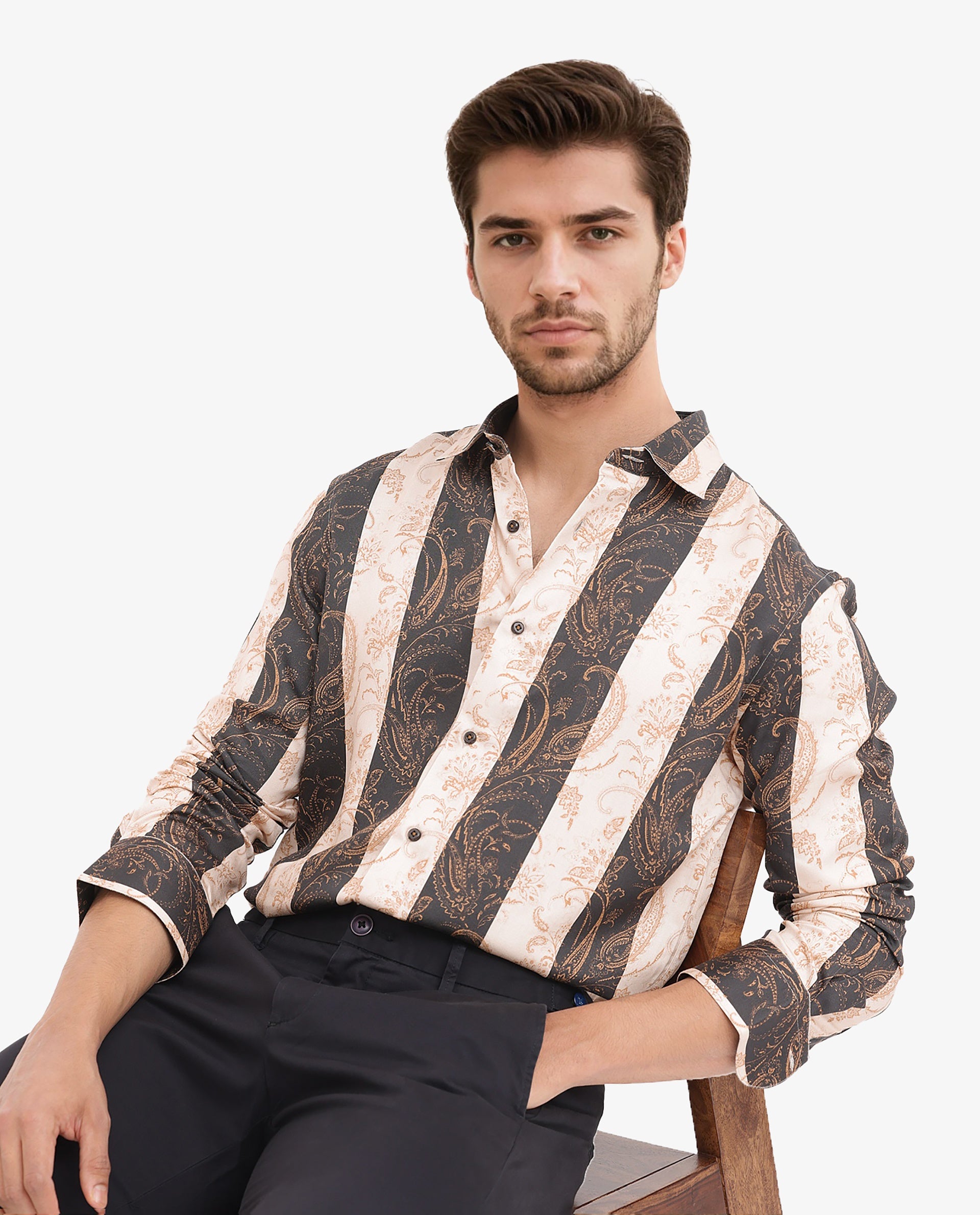 Rare Rabbit Men's Faben Beige Viscose Fabric Full Sleeves Paisley Stripe Print Shirt