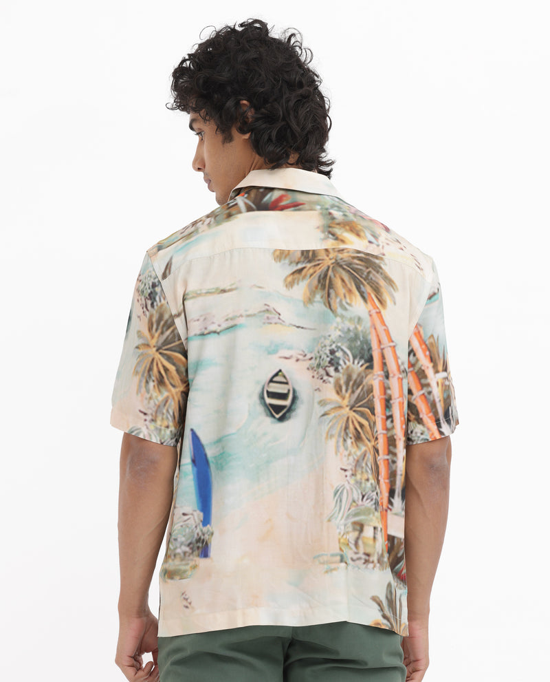 Rare Rabbit Men's Surfer Beige Viscose Fabric Cuban Collar Half Sleeves Tropical Print Shirt