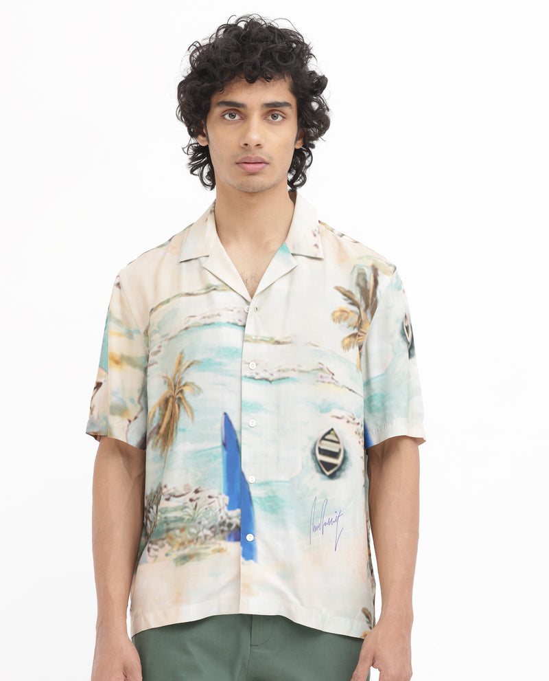 Rare Rabbit Men's Surfer Beige Viscose Fabric Cuban Collar Half Sleeves Tropical Print Shirt
