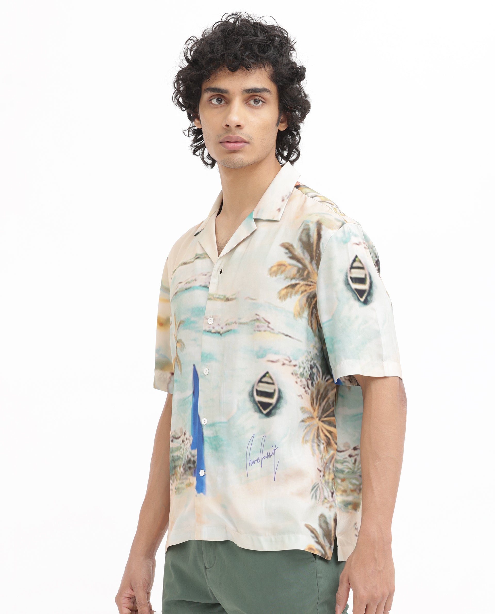 Rare Rabbit Men's Surfer Beige Viscose Fabric Cuban Collar Half Sleeves Boxy Fit Tropical Print Shirt