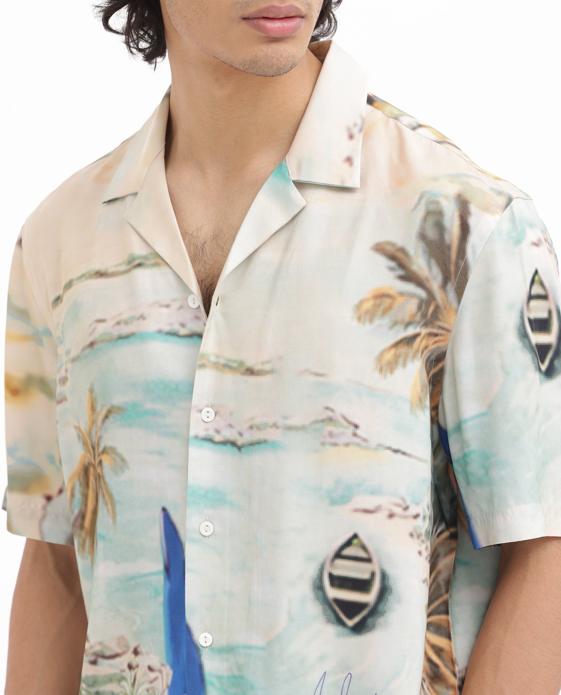 Rare Rabbit Men's Surfer Beige Viscose Fabric Cuban Collar Half Sleeves Boxy Fit Tropical Print Shirt