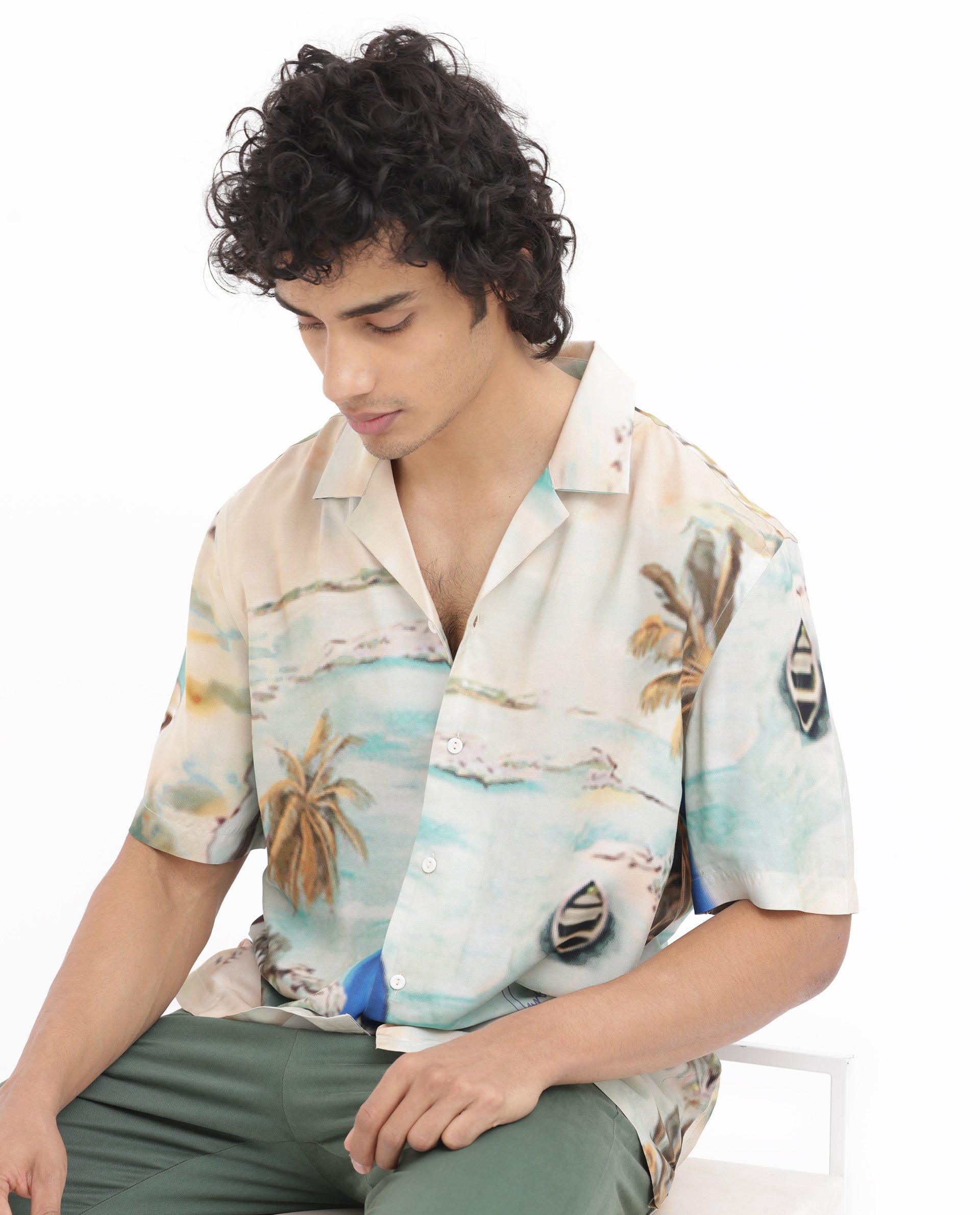 Rare Rabbit Men's Surfer Beige Viscose Fabric Cuban Collar Half Sleeves Boxy Fit Tropical Print Shirt