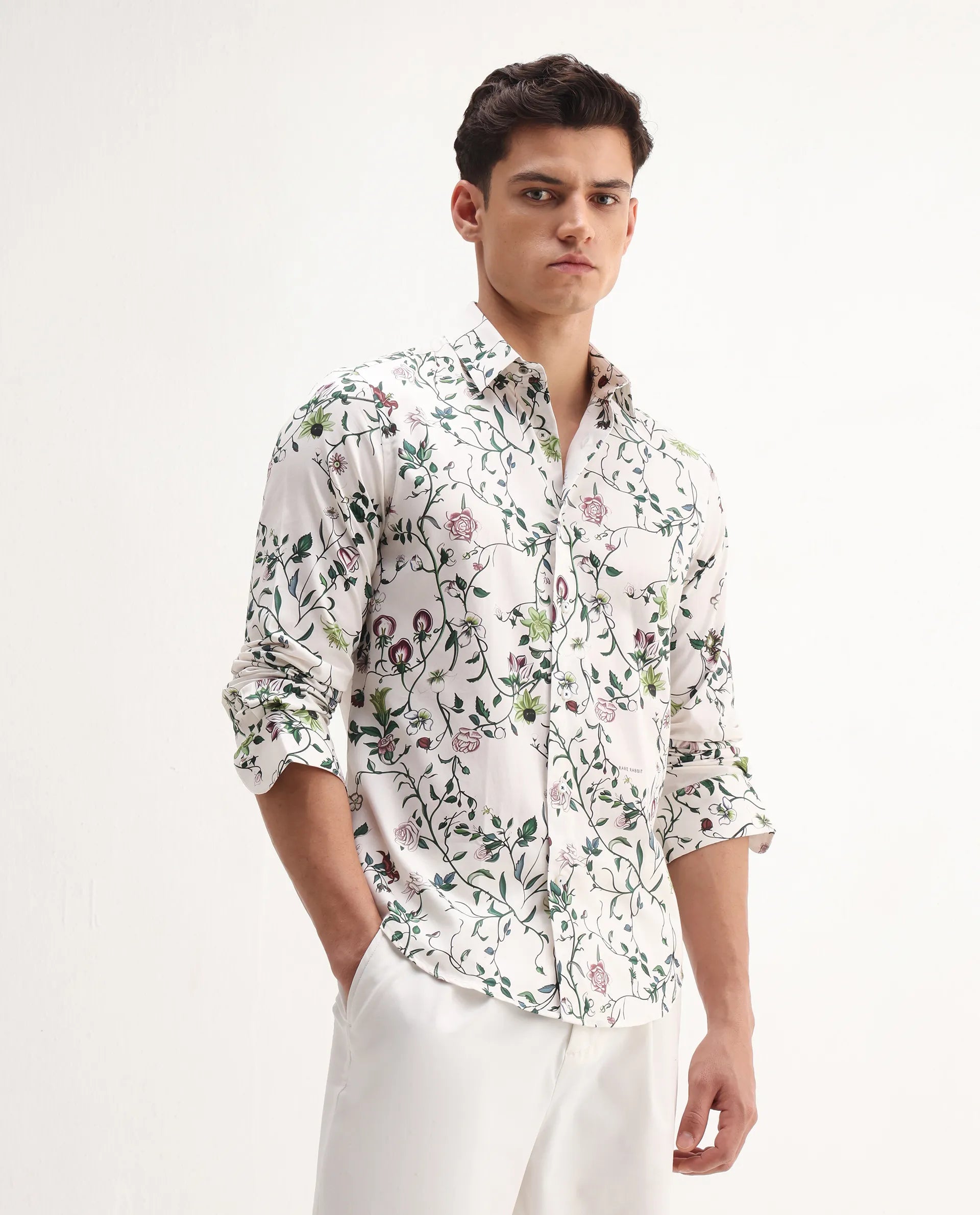 Rare Rabbit Men's Surn Off White Cotton Tropical Print Regular Fit Full Sleeve Collared Shirt