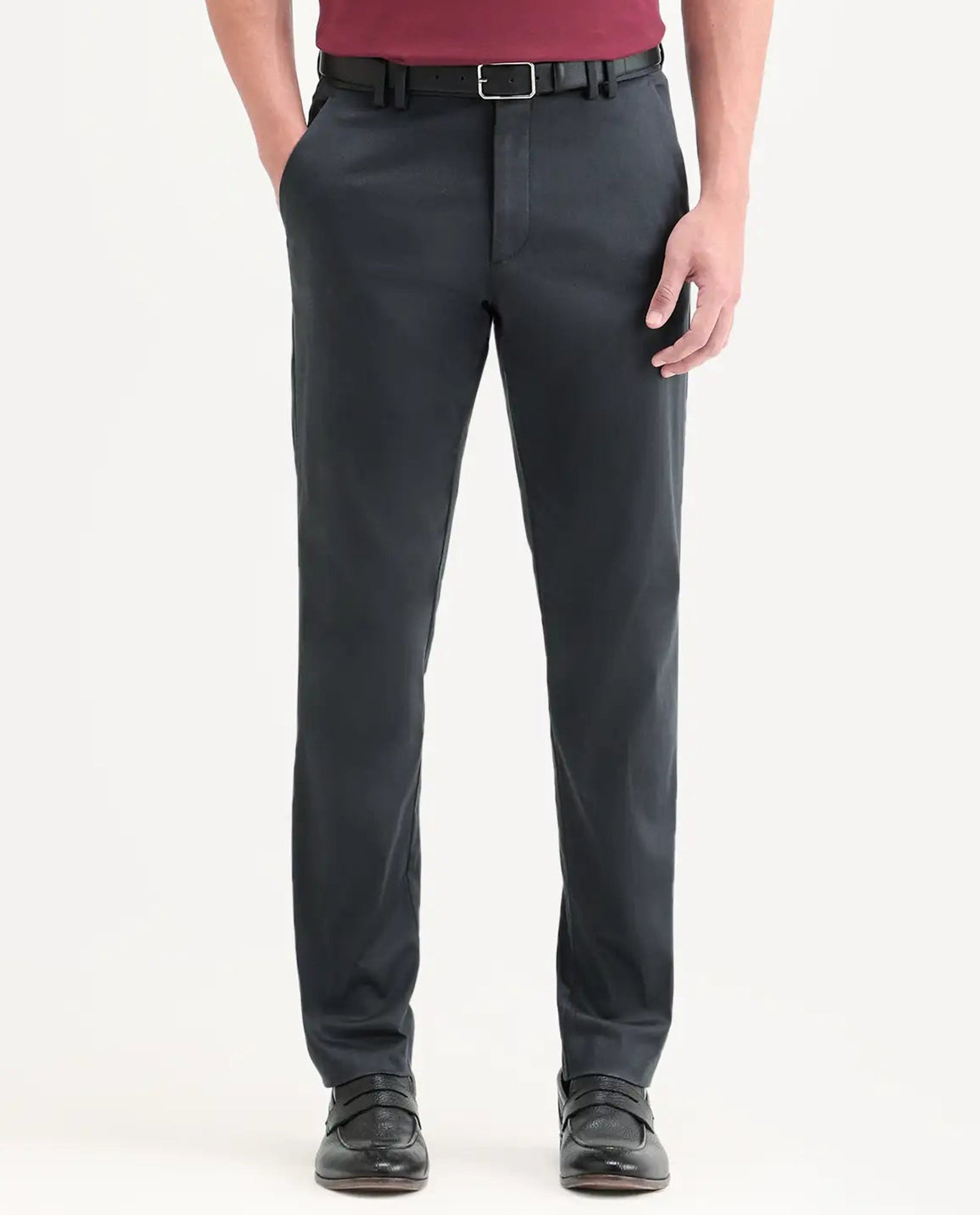 Rare Rabbit Men's Swat Dark Blue Cotton Blend Fabric Regular Fit Plain Trouser