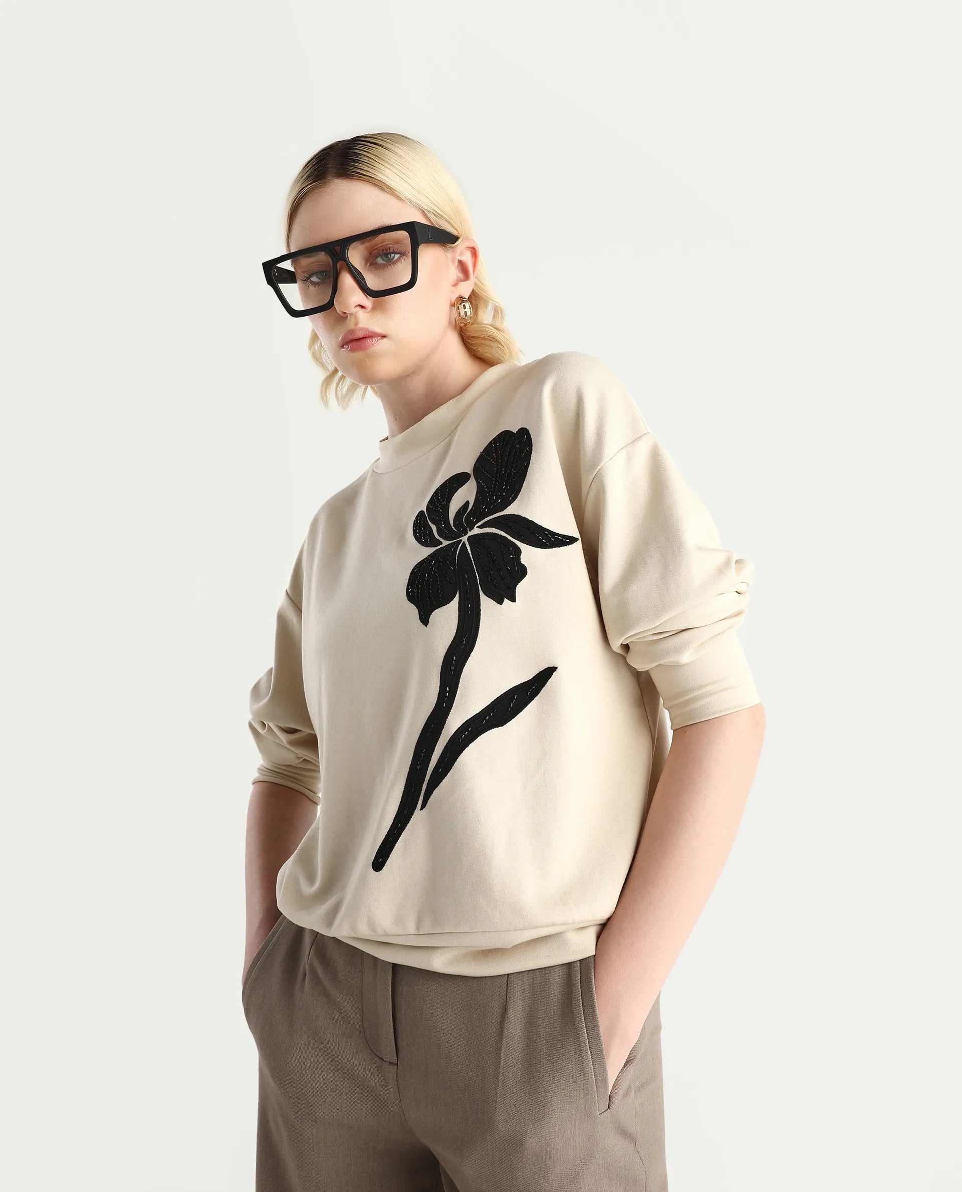 Rareism Women's Swer Light Beige Modal Blend Crew Neck Relaxed Fit Printed Sweatshirt