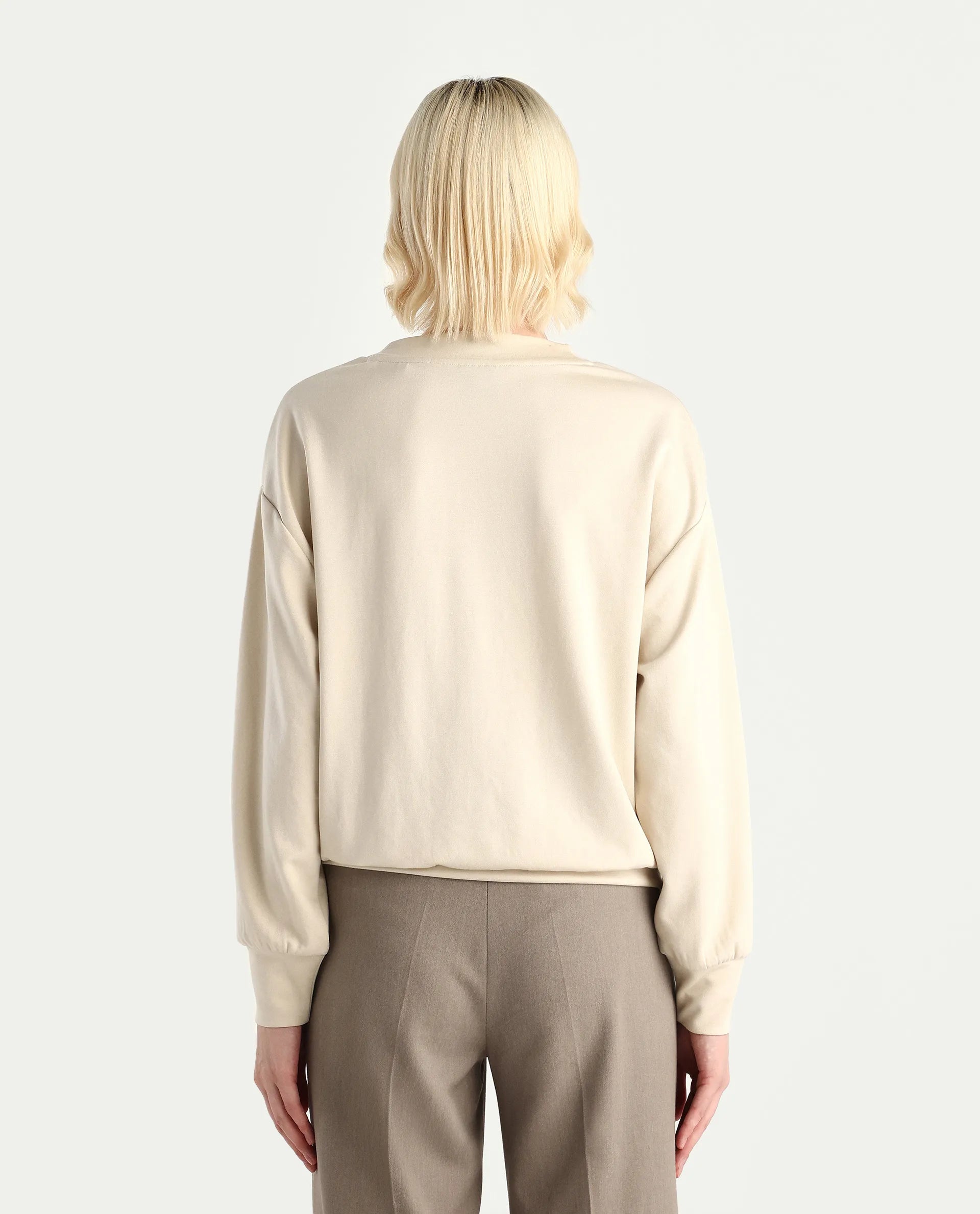 Rareism Women's Swer Light Beige Modal Blend Crew Neck Relaxed Fit Printed Sweatshirt