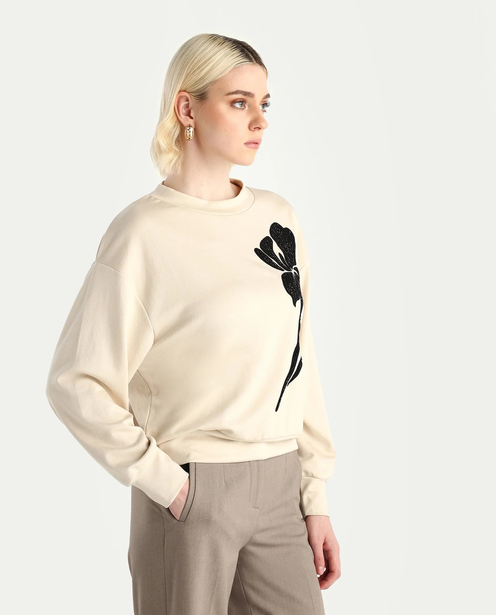 Rareism Women's Swer Light Beige Modal Blend Crew Neck Relaxed Fit Printed Sweatshirt