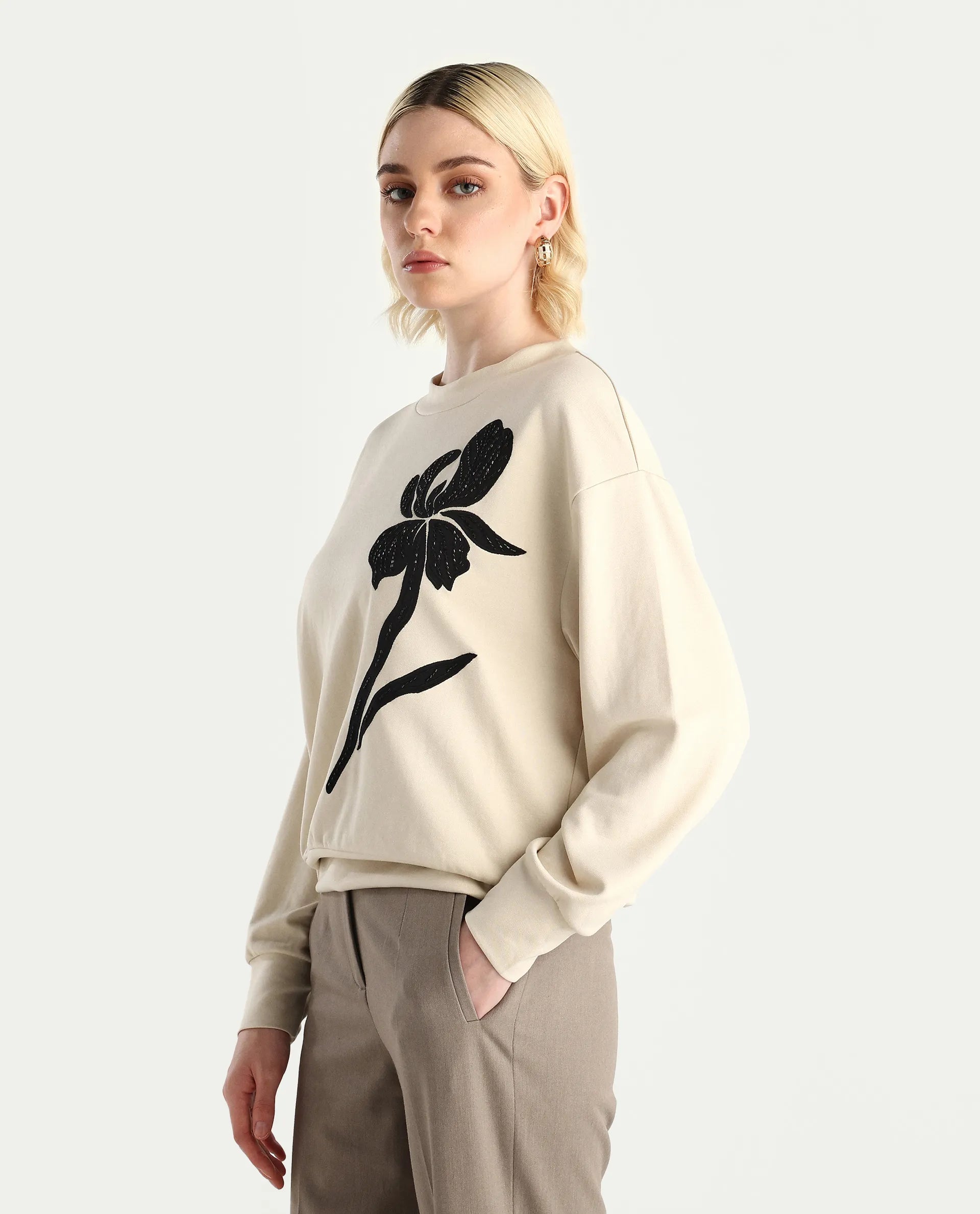 Rareism Women's Swer Light Beige Modal Blend Crew Neck Relaxed Fit Printed Sweatshirt