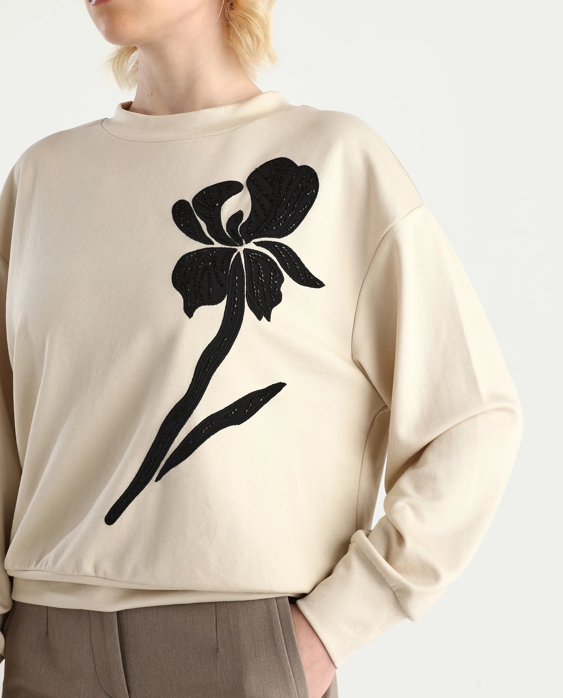 Rareism Women's Swer Light Beige Modal Blend Crew Neck Relaxed Fit Printed Sweatshirt