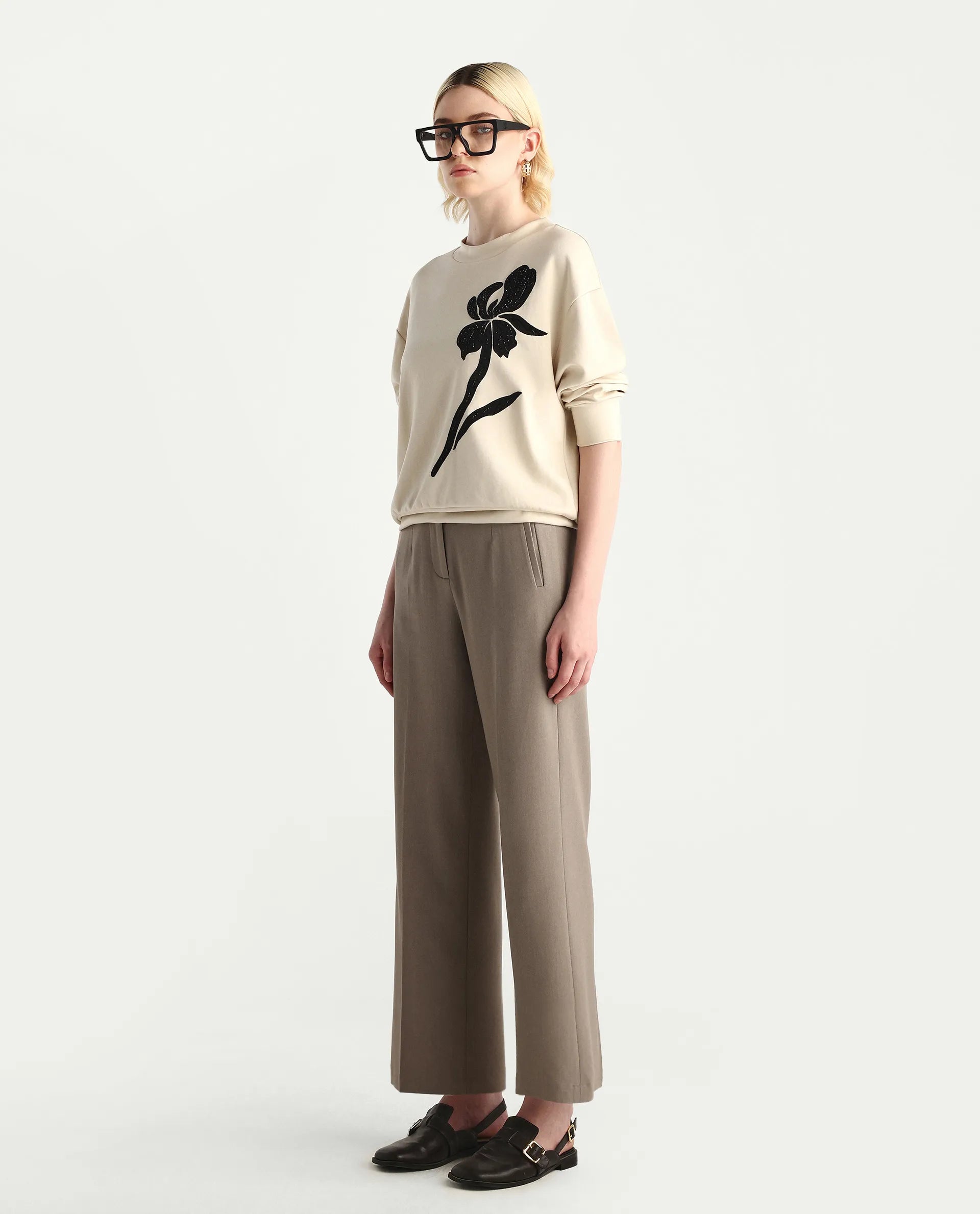 Rareism Women's Swer Light Beige Modal Blend Crew Neck Relaxed Fit Printed Sweatshirt