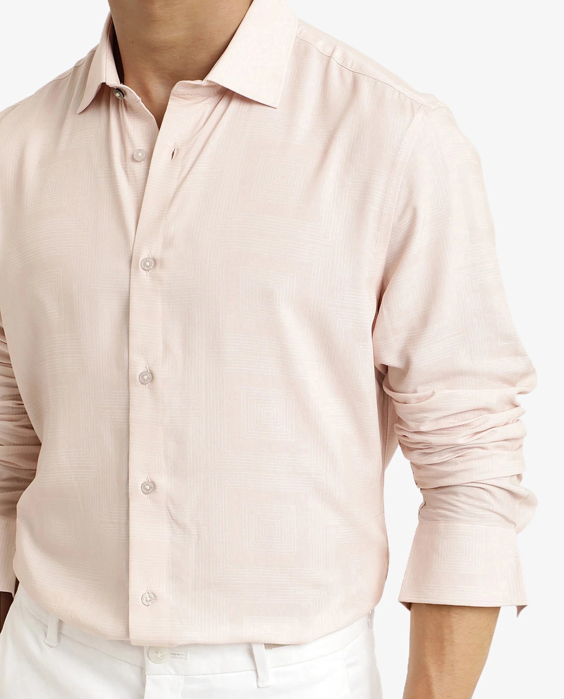 Rare Rabbit Men Swift Beige Viscose Fabric Full Sleeve Regular Fit Geometric Print Shirt