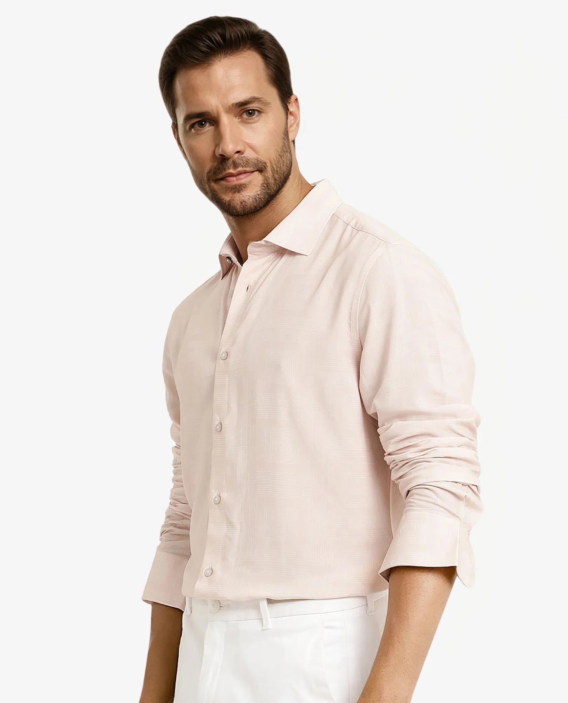 Rare Rabbit Men Swift Beige Viscose Fabric Full Sleeve Regular Fit Geometric Print Shirt