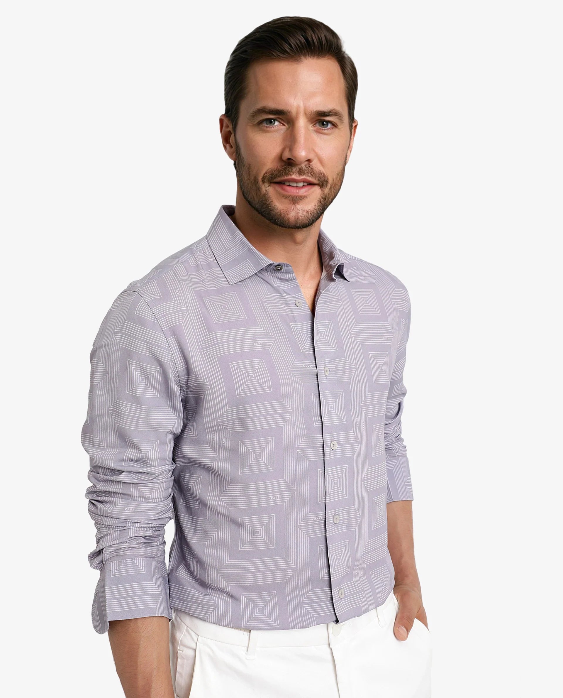 Rare Rabbit Men Swift Pastel Purple Viscose Fabric Full Sleeve Regular Fit Geometric Print Shirt