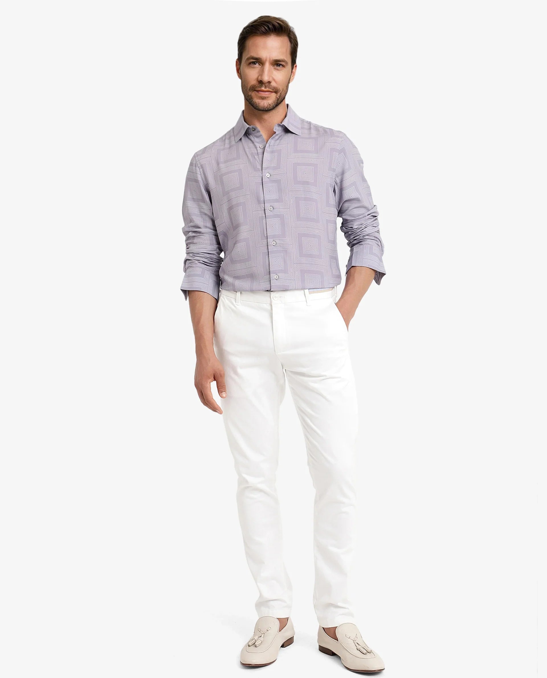 Rare Rabbit Men Swift Pastel Purple Viscose Fabric Full Sleeve Regular Fit Geometric Print Shirt