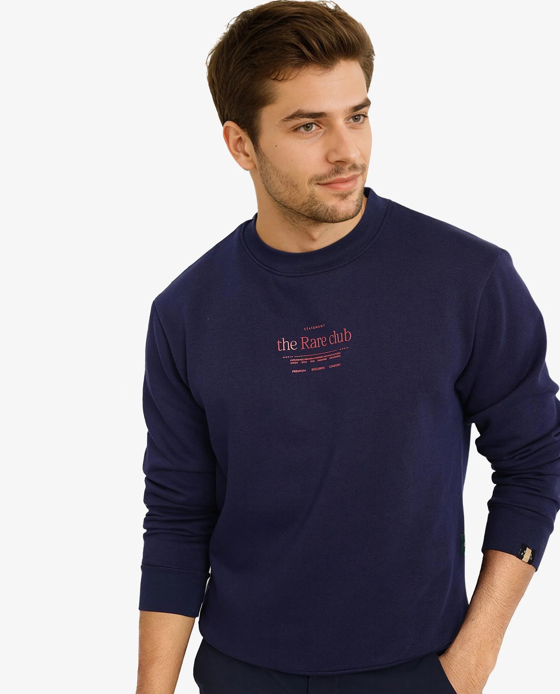 Rare Rabbit Men Tamar Navy Cotton Polyester Fabric Full Sleeve Crew Neck Regular Fit Graphic Typography Print Sweatshirt