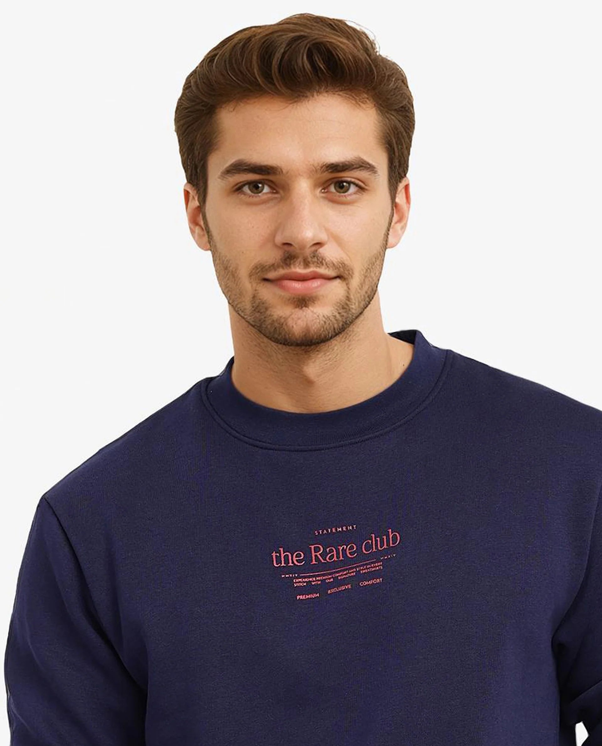 Rare Rabbit Men Tamar Navy Cotton Polyester Fabric Full Sleeve Crew Neck Regular Fit Graphic Typography Print Sweatshirt