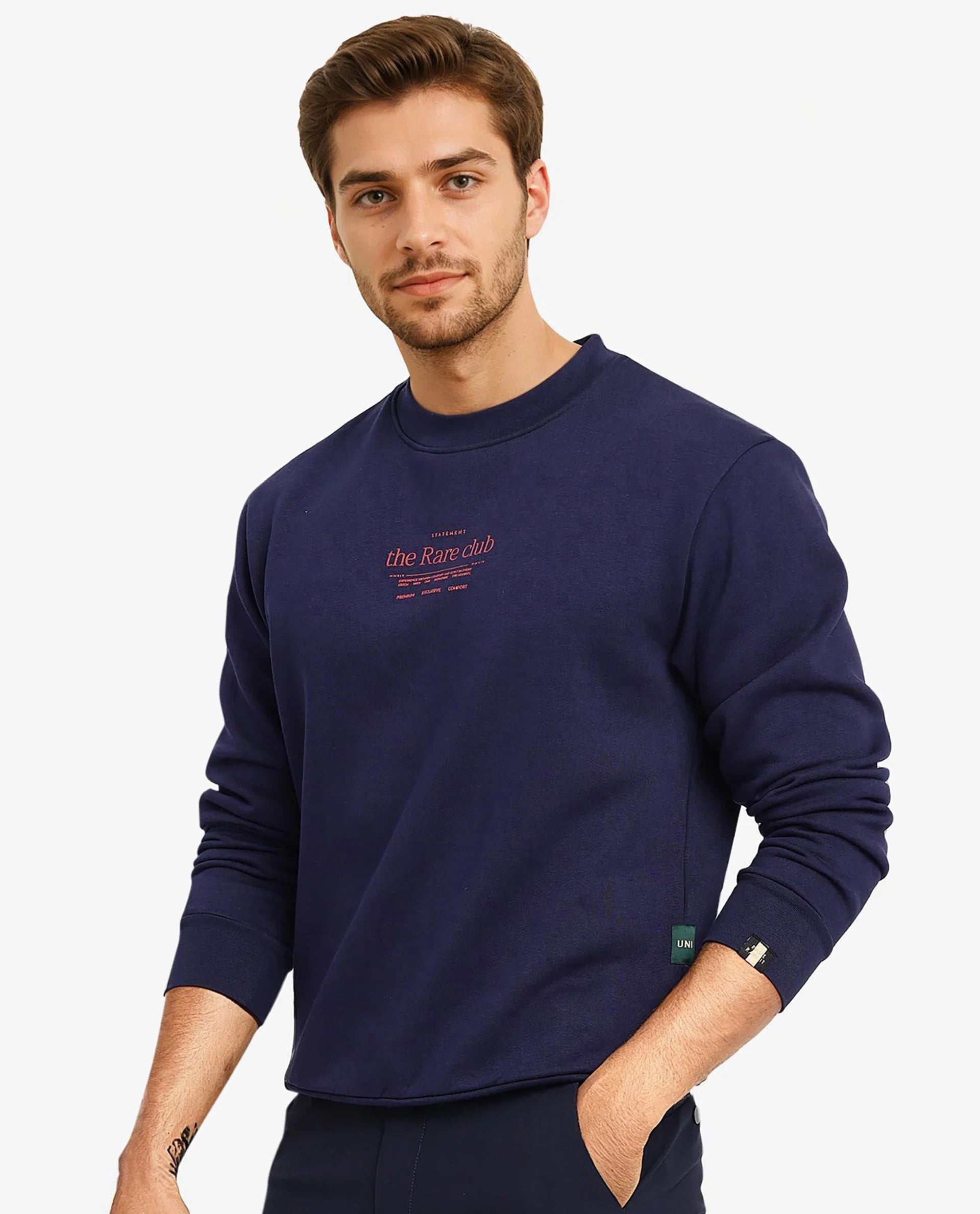 Rare Rabbit Men Tamar Navy Cotton Polyester Fabric Full Sleeve Crew Neck Regular Fit Graphic Typography Print Sweatshirt