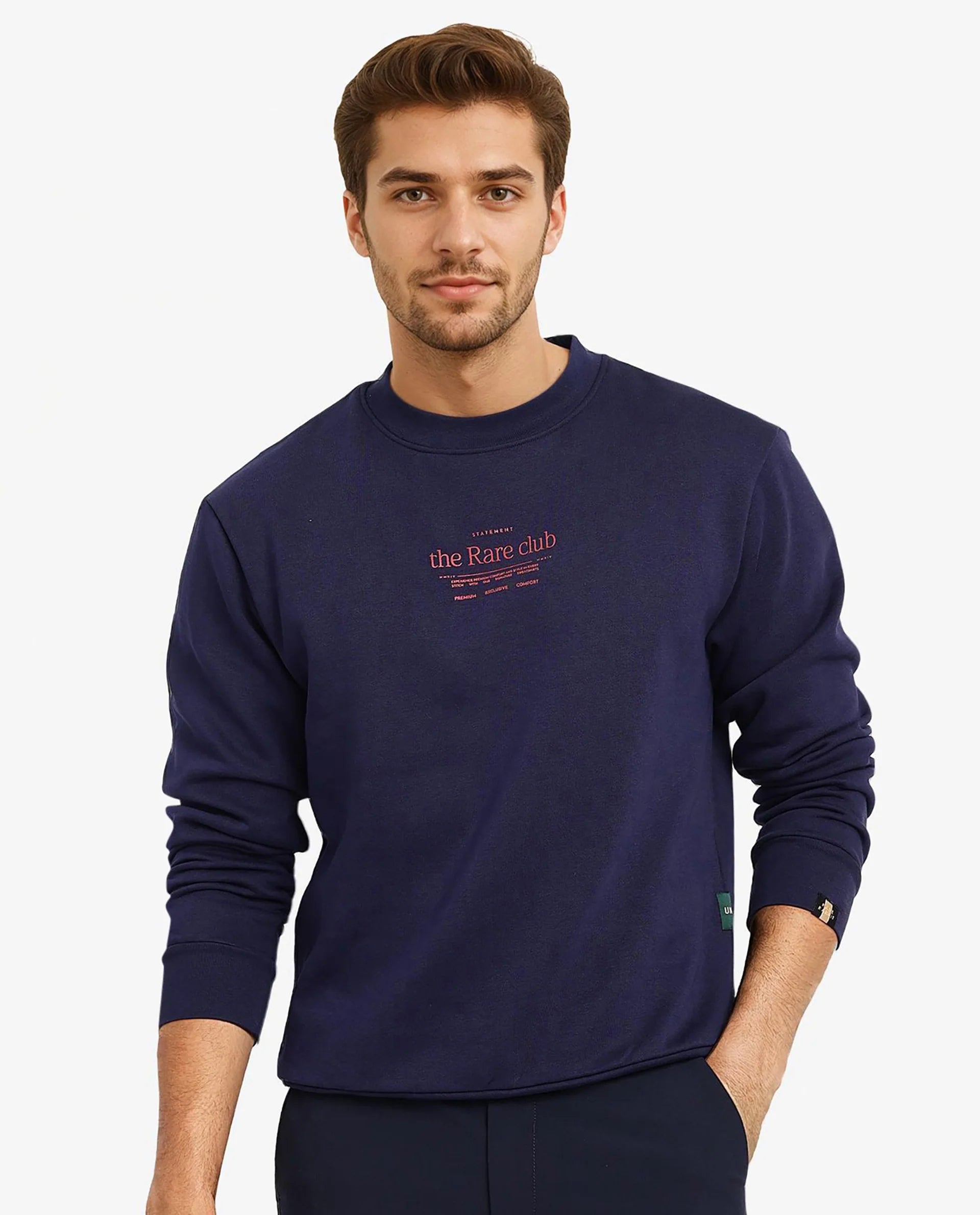 Rare Rabbit Men Tamar Navy Cotton Polyester Fabric Full Sleeve Crew Neck Regular Fit Graphic Typography Print Sweatshirt