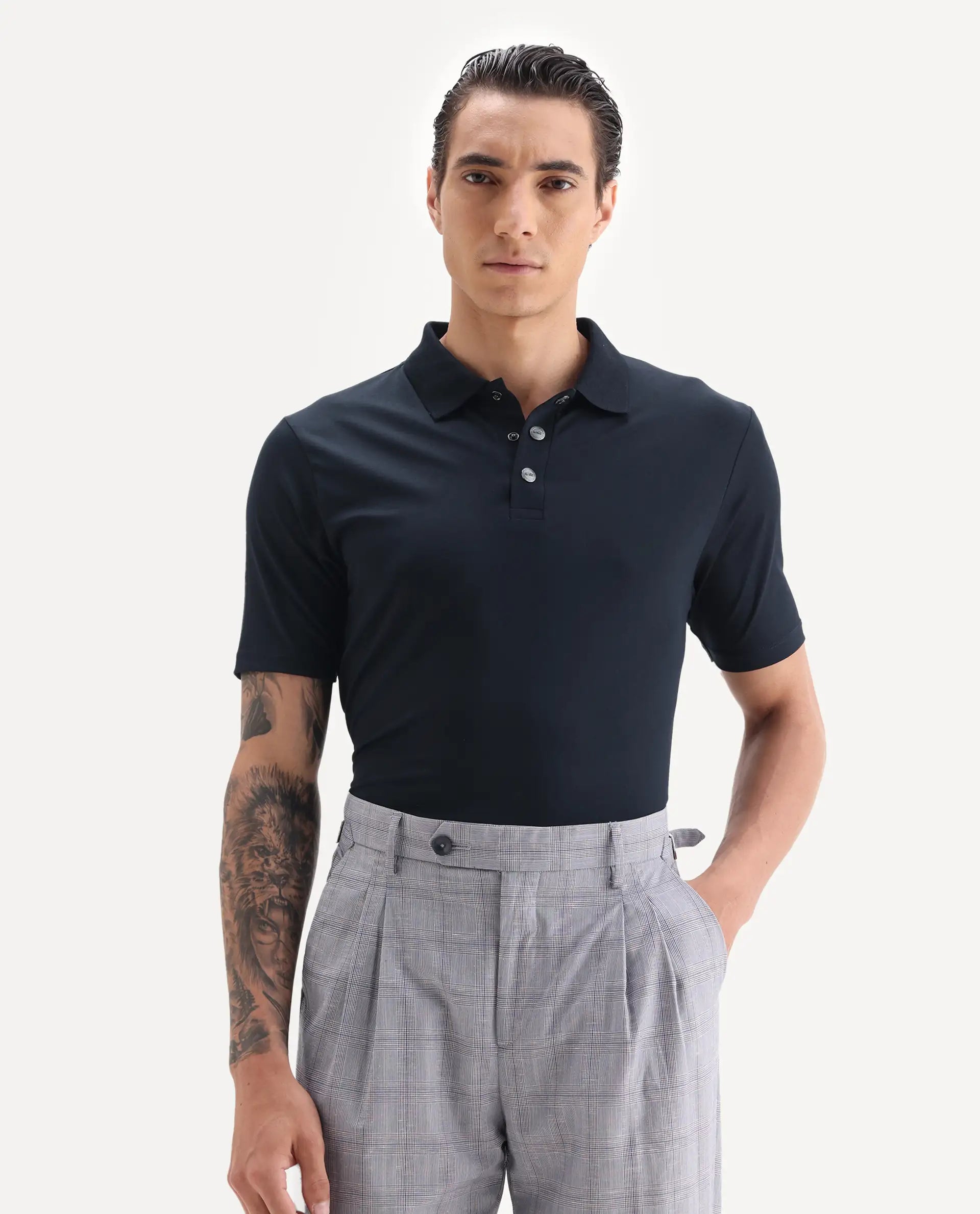 Rare Rabbit Men's Tang-1 Navy Cotton Plain Regular Fit Half Sleeve Polo