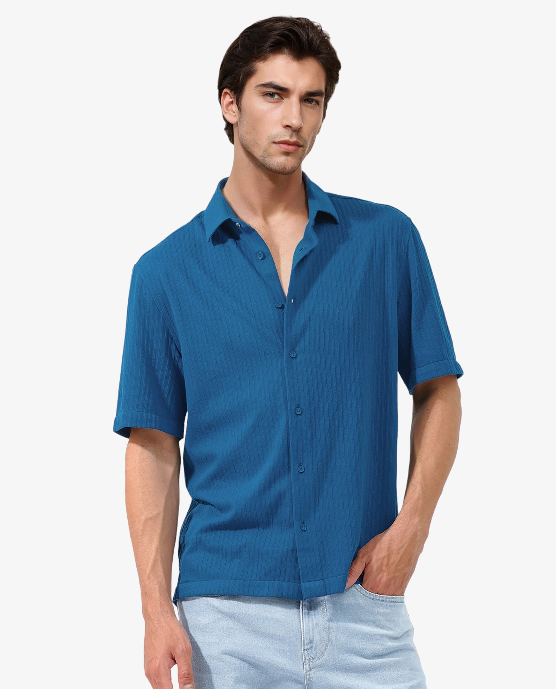 Rare Rabbit Men's Tano Blue Cotton Blend Textured Boxy Fit Half Sleeve