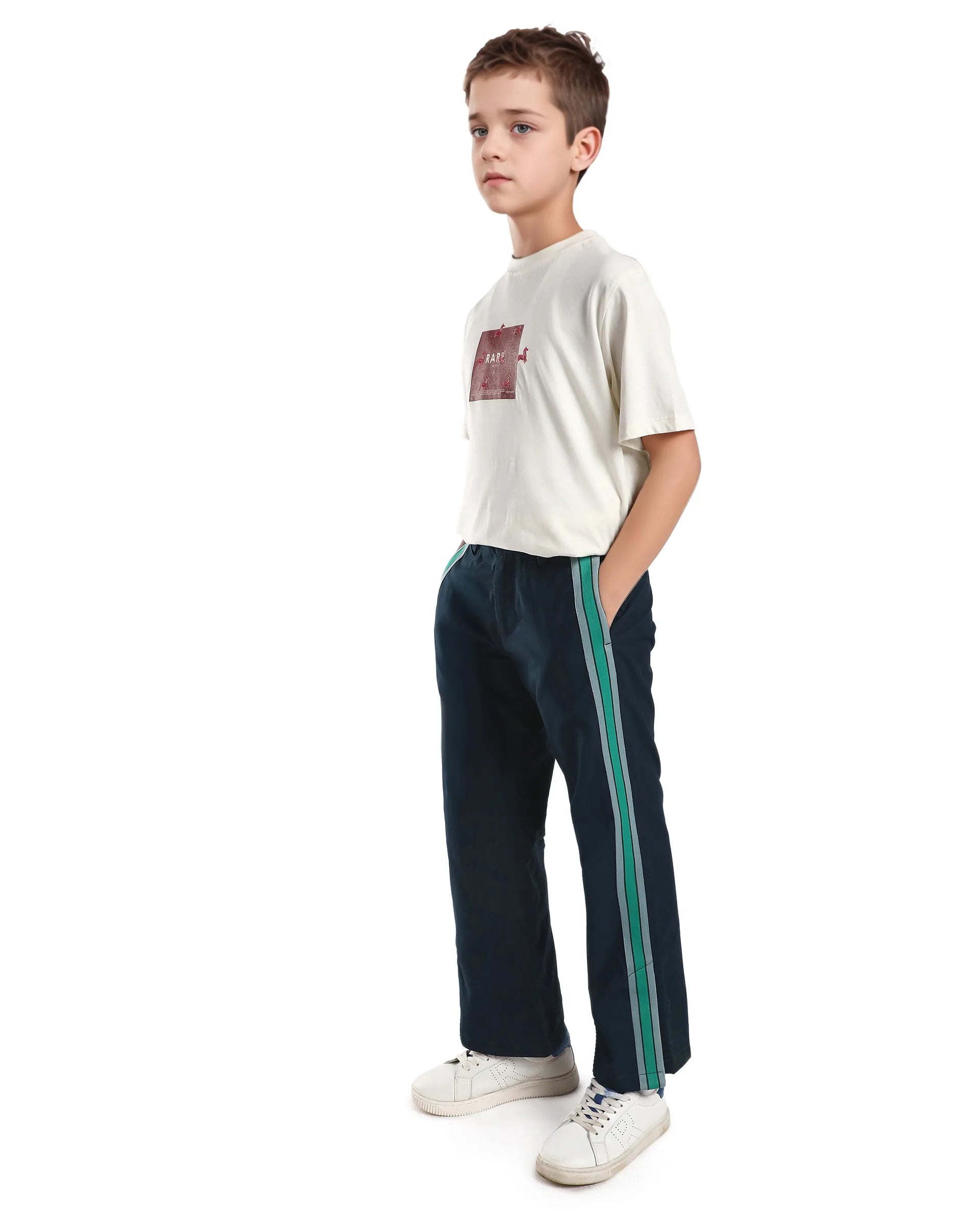 Rare Ones Kids Taper-B Navy Tape Detailed Button And Zip Closure Regular Fit Cotton Trouser