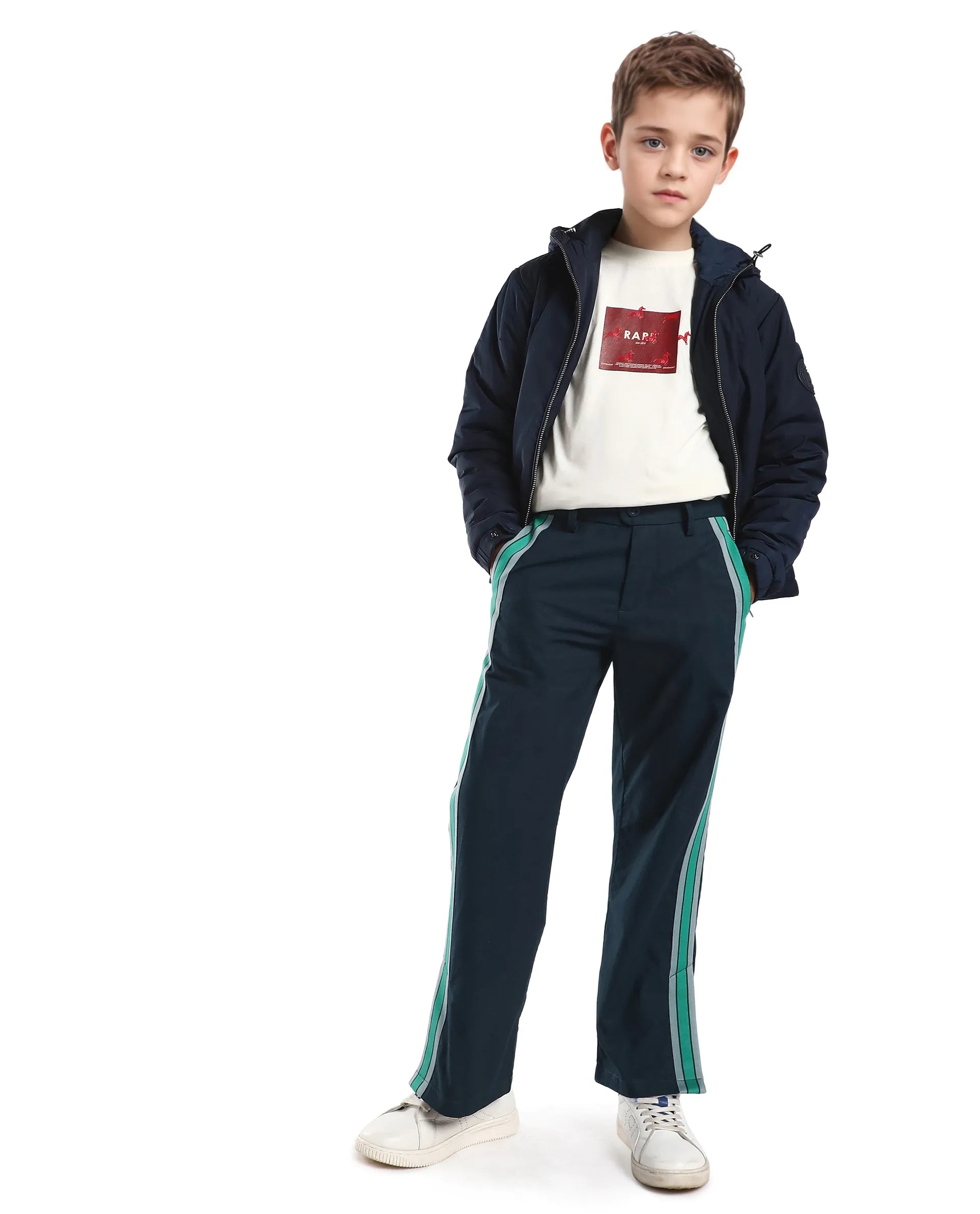 Rare Ones Kids Taper-B Navy Tape Detailed Button And Zip Closure Regular Fit Cotton Trouser