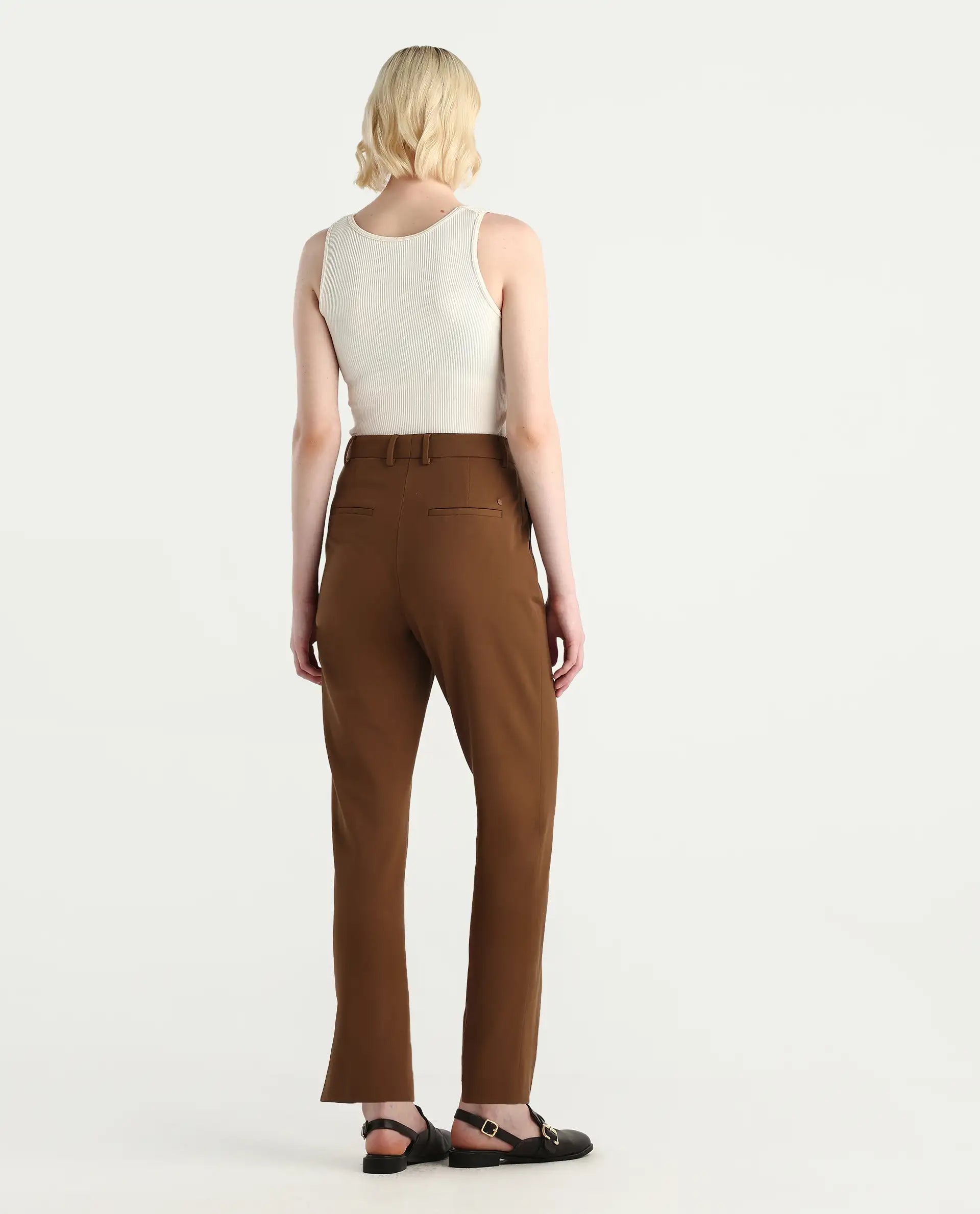Rareism Women's Taper Light Brown Polyester Blend Tapered Ankle Length Plain Travel Trouser