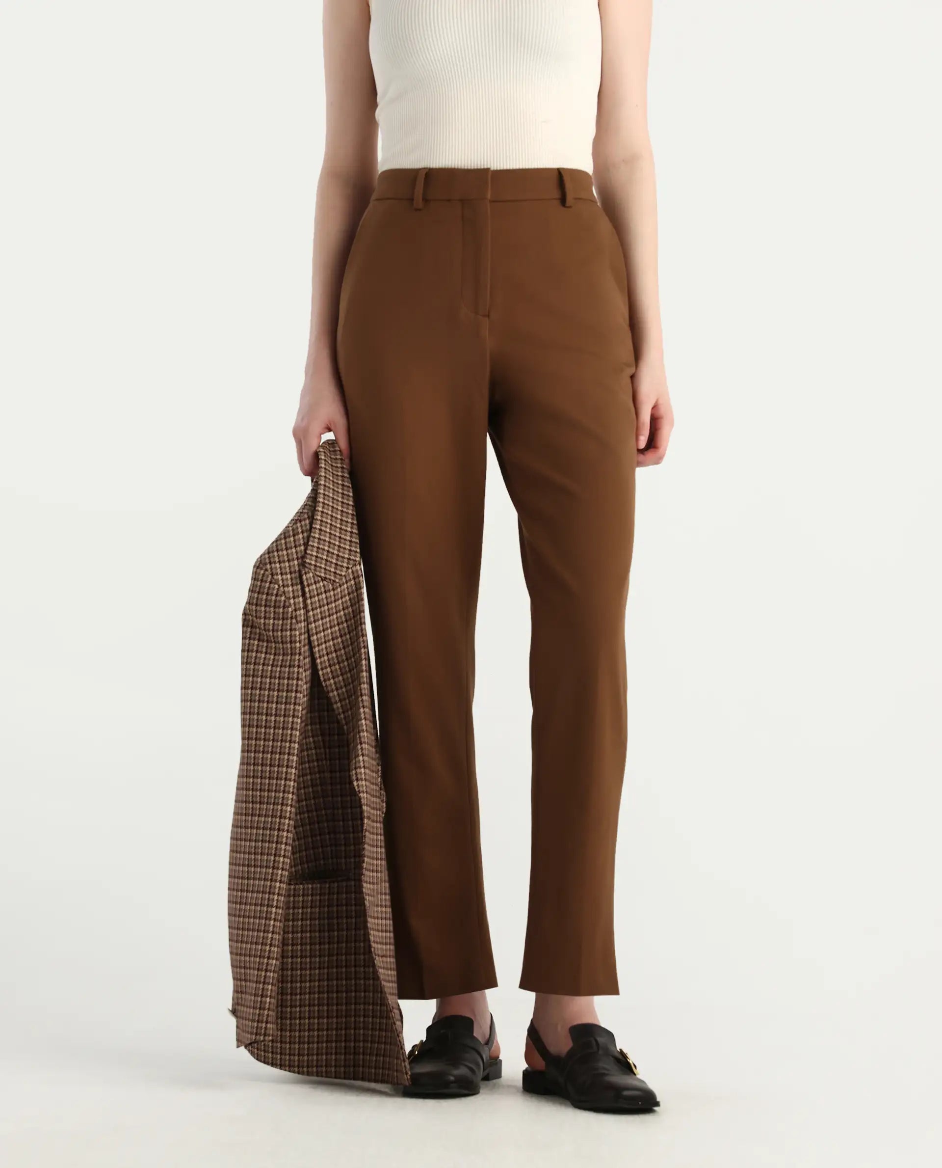 Rareism Women's Taper Light Brown Polyester Blend Tapered Ankle Length Plain Travel Trouser