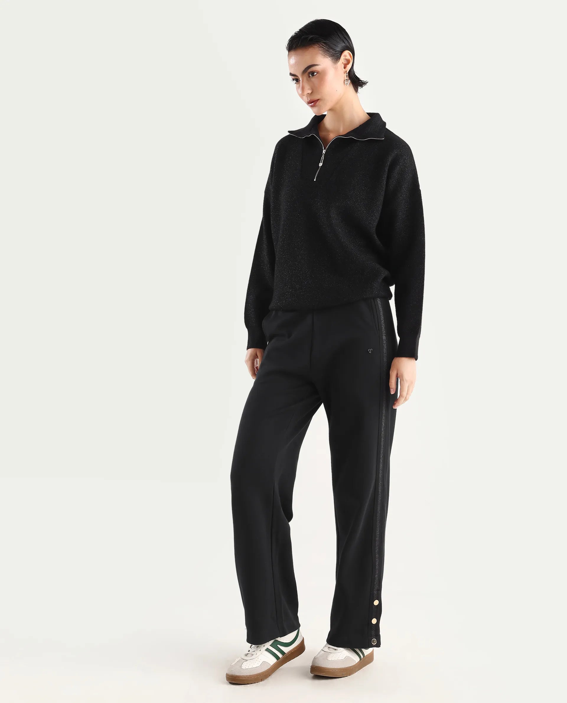 Rareism Women's Tappy Black Cotton Blend Plain Ankle Length Regular Fit Track Pant