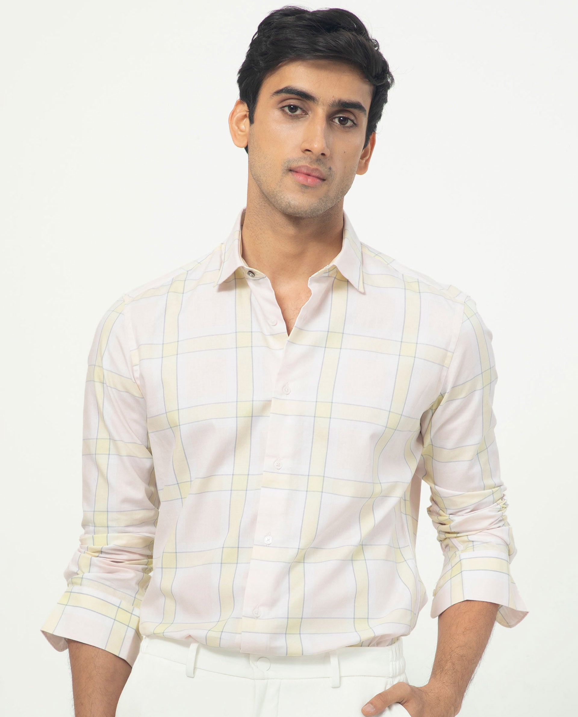 Rare Rabbit Men's Tarkin Light Pink Cotton Fabric Full Sleeves Checks Shirt