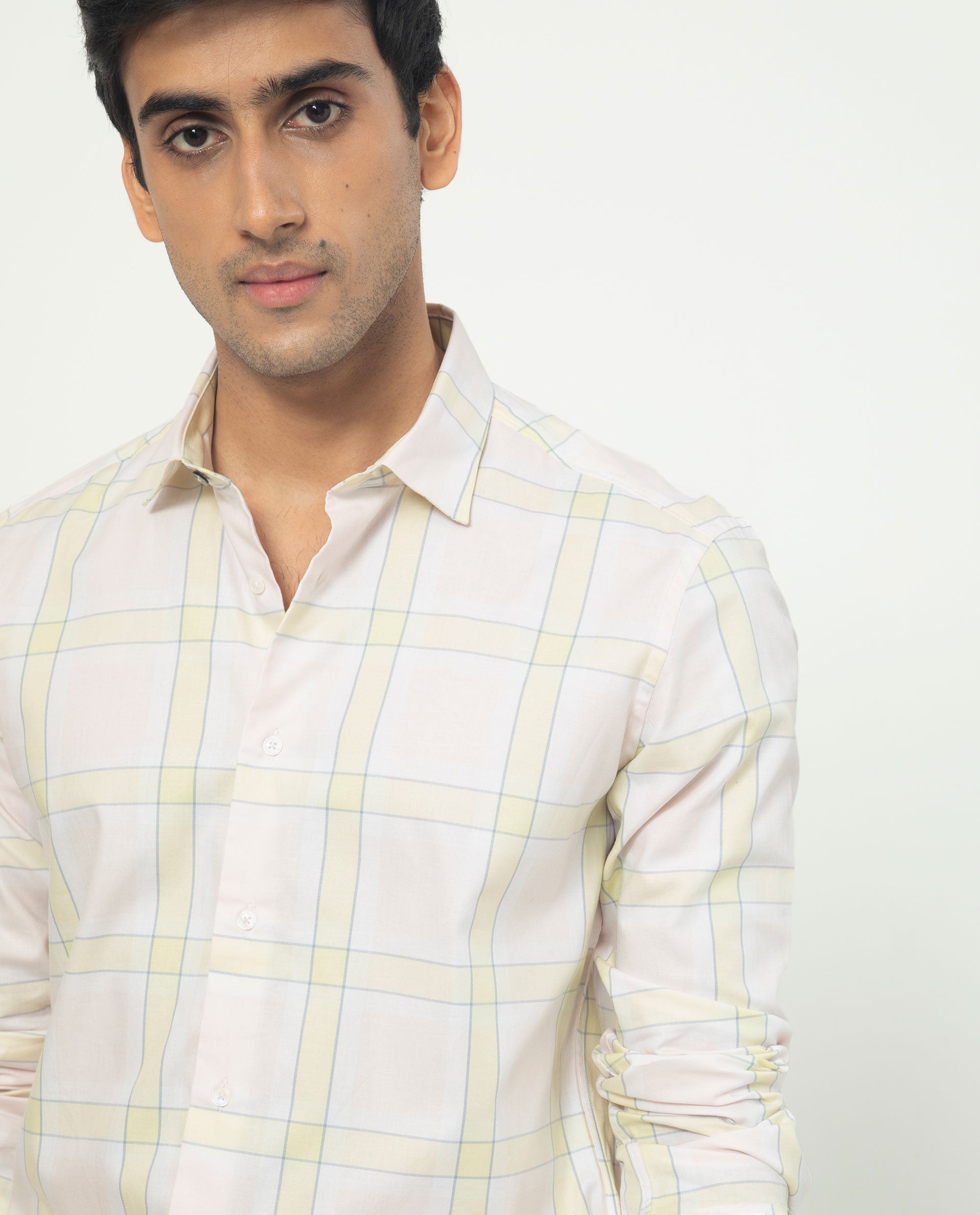 Rare Rabbit Men's Tarkin Light Pink Cotton Fabric Full Sleeves Checks Shirt