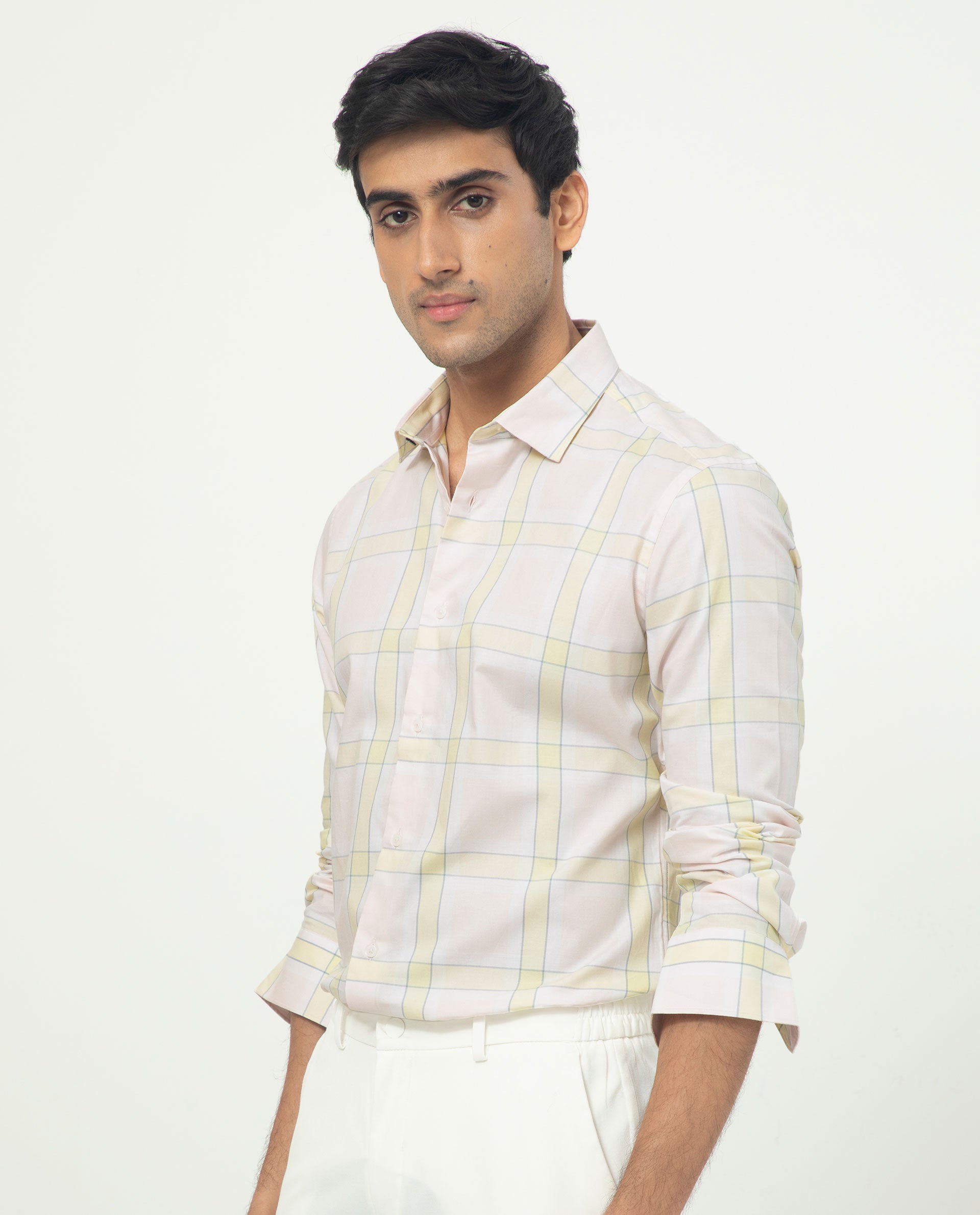 Rare Rabbit Men's Tarkin Light Pink Cotton Fabric Full Sleeves Checks Shirt