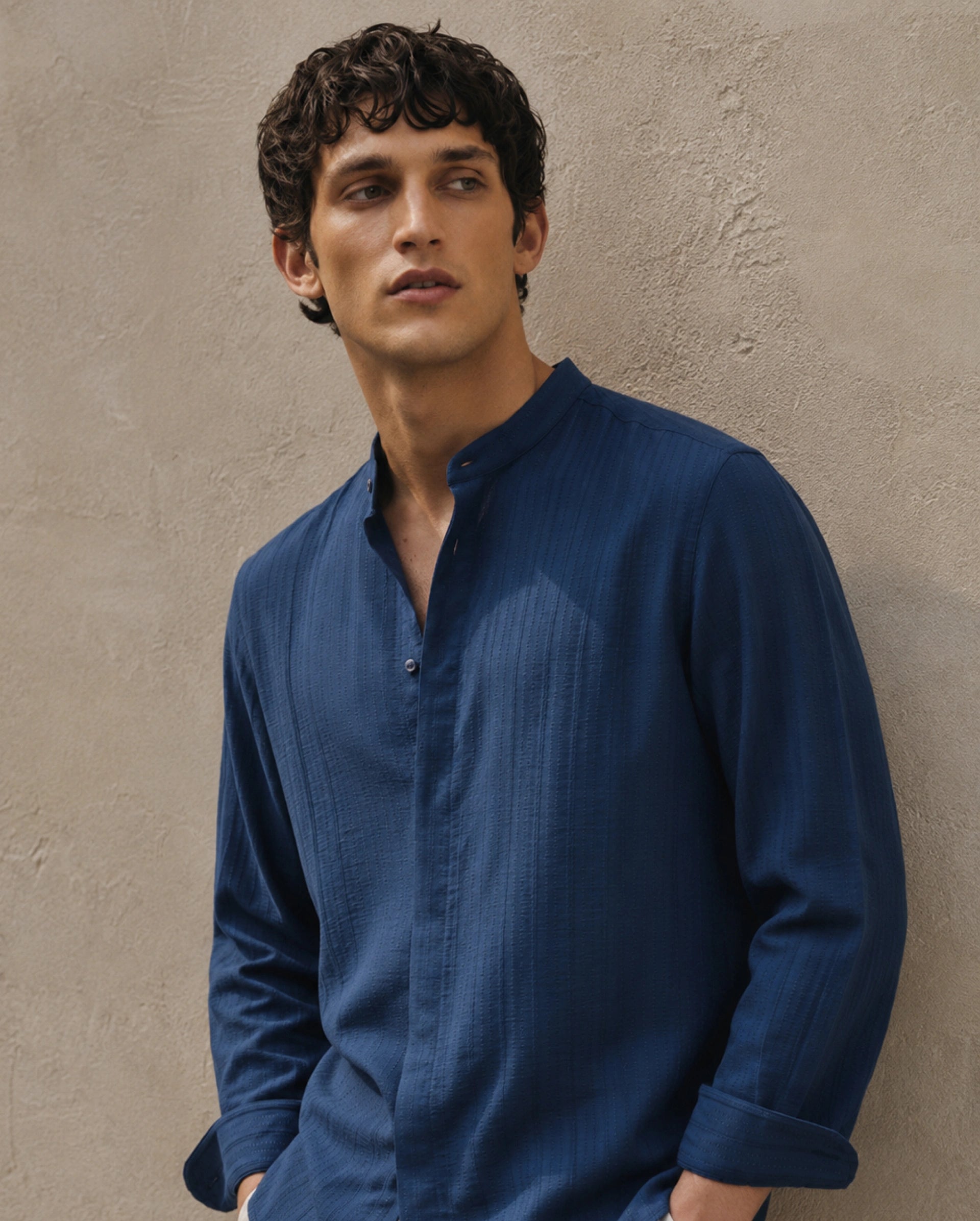 Rare Rabbit Men's Tate Blue Viscose Blend Button Regular Fit Textured Shirt