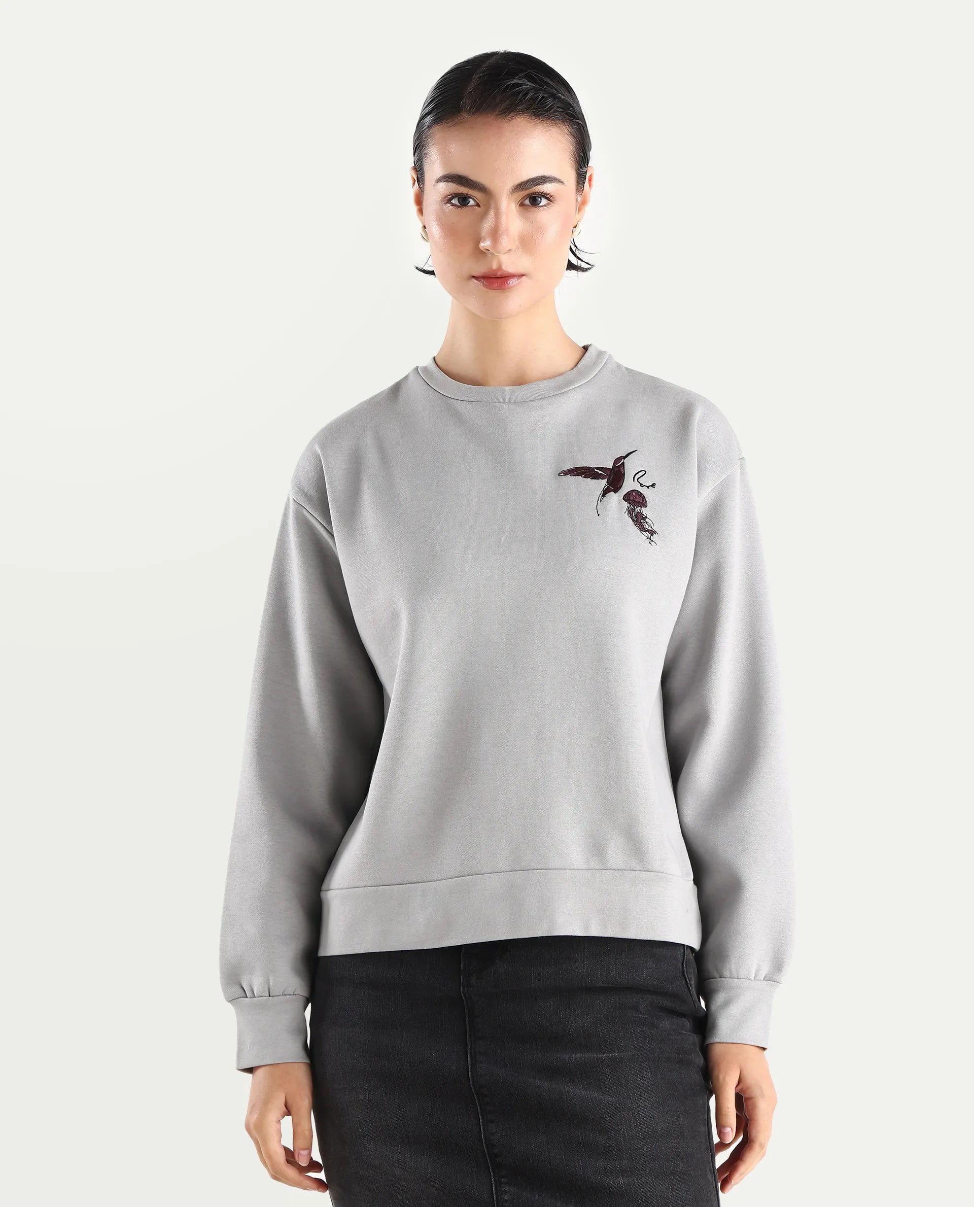 Rareism Women's Taur Grey Cotton Blend Crew Neck Graphic Print Relaxed Fit Sweatshirt