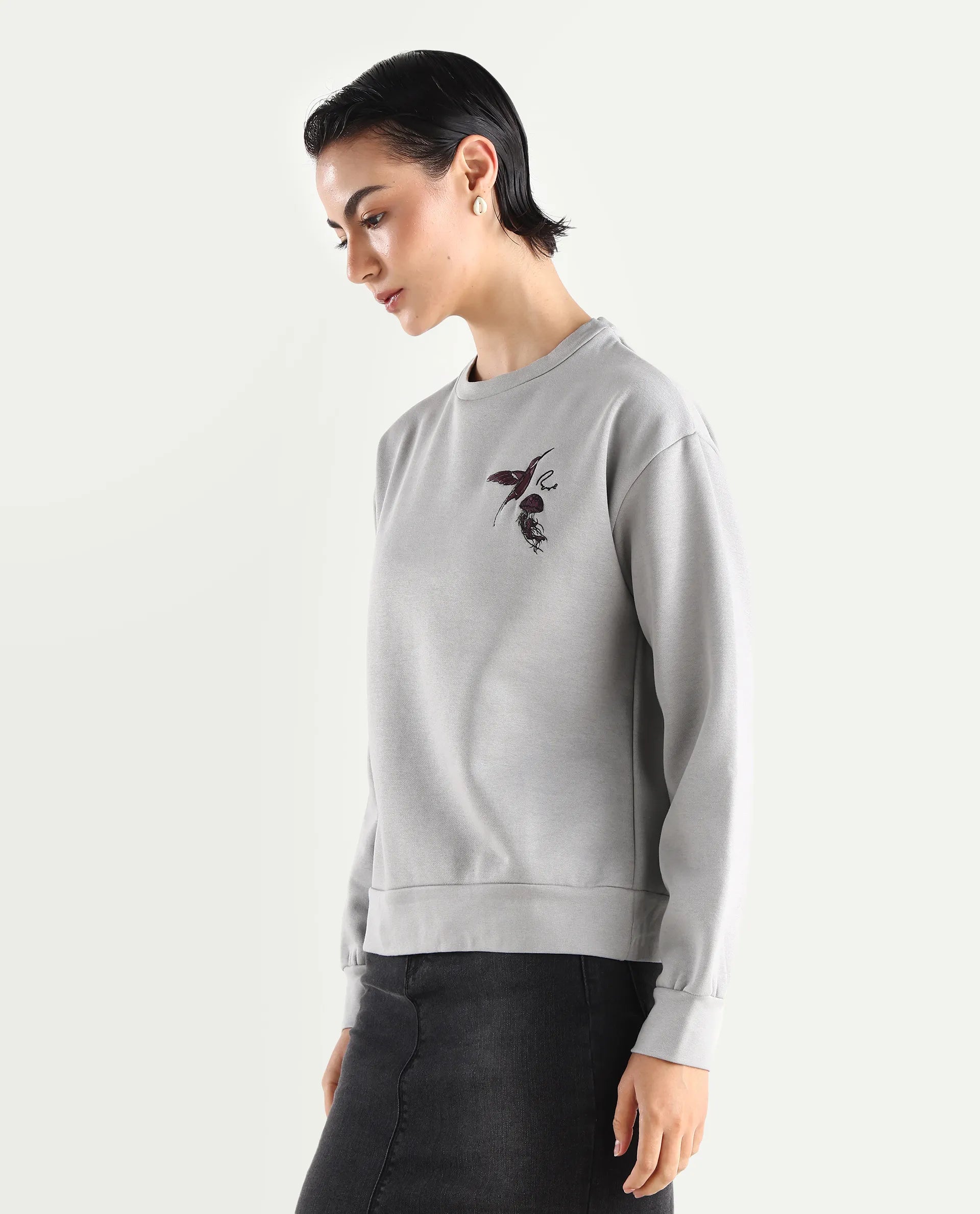 Rareism Women's Taur Grey Cotton Blend Crew Neck Graphic Print Relaxed Fit Sweatshirt