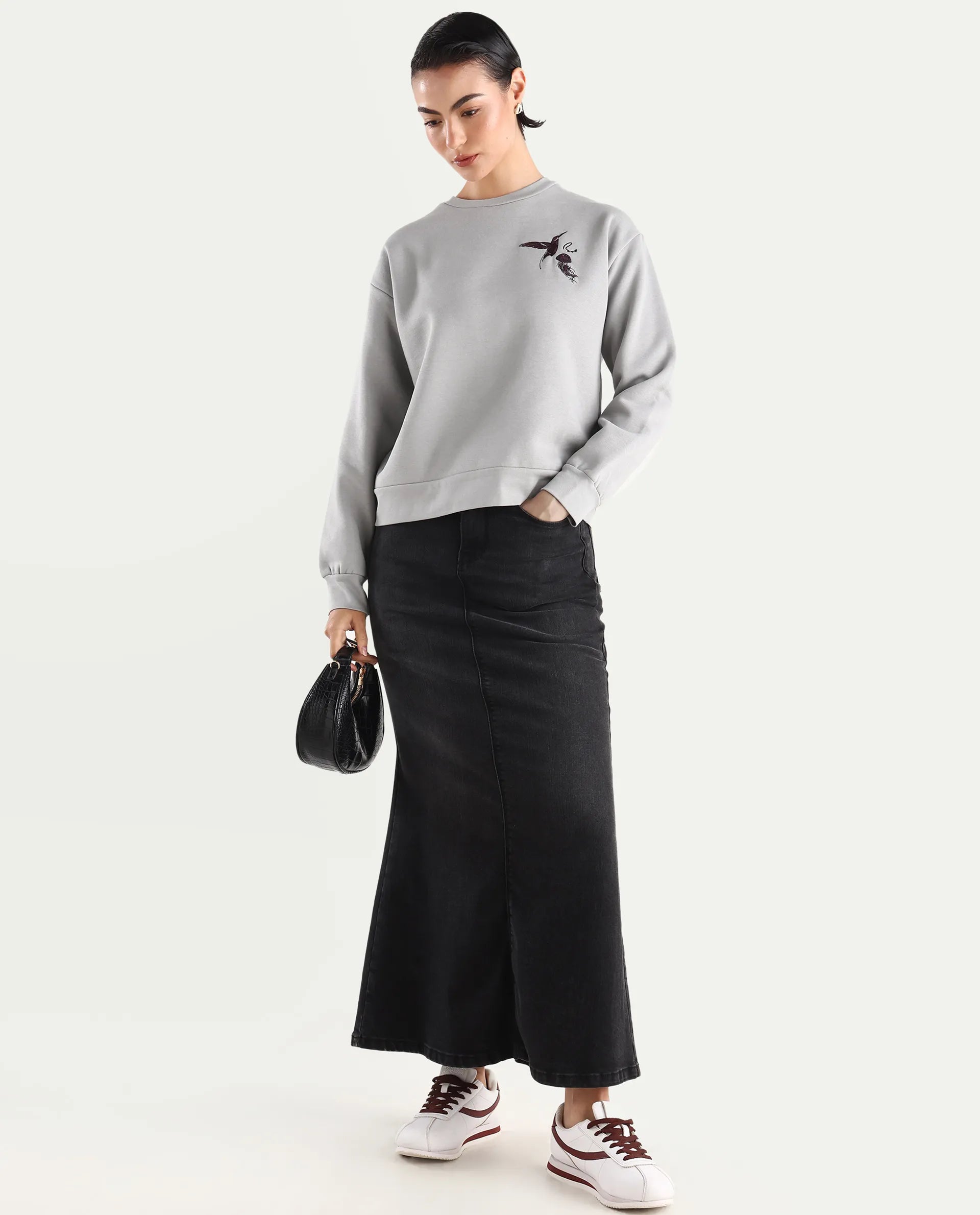 Rareism Women's Taur Grey Cotton Blend Crew Neck Graphic Print Relaxed Fit Sweatshirt