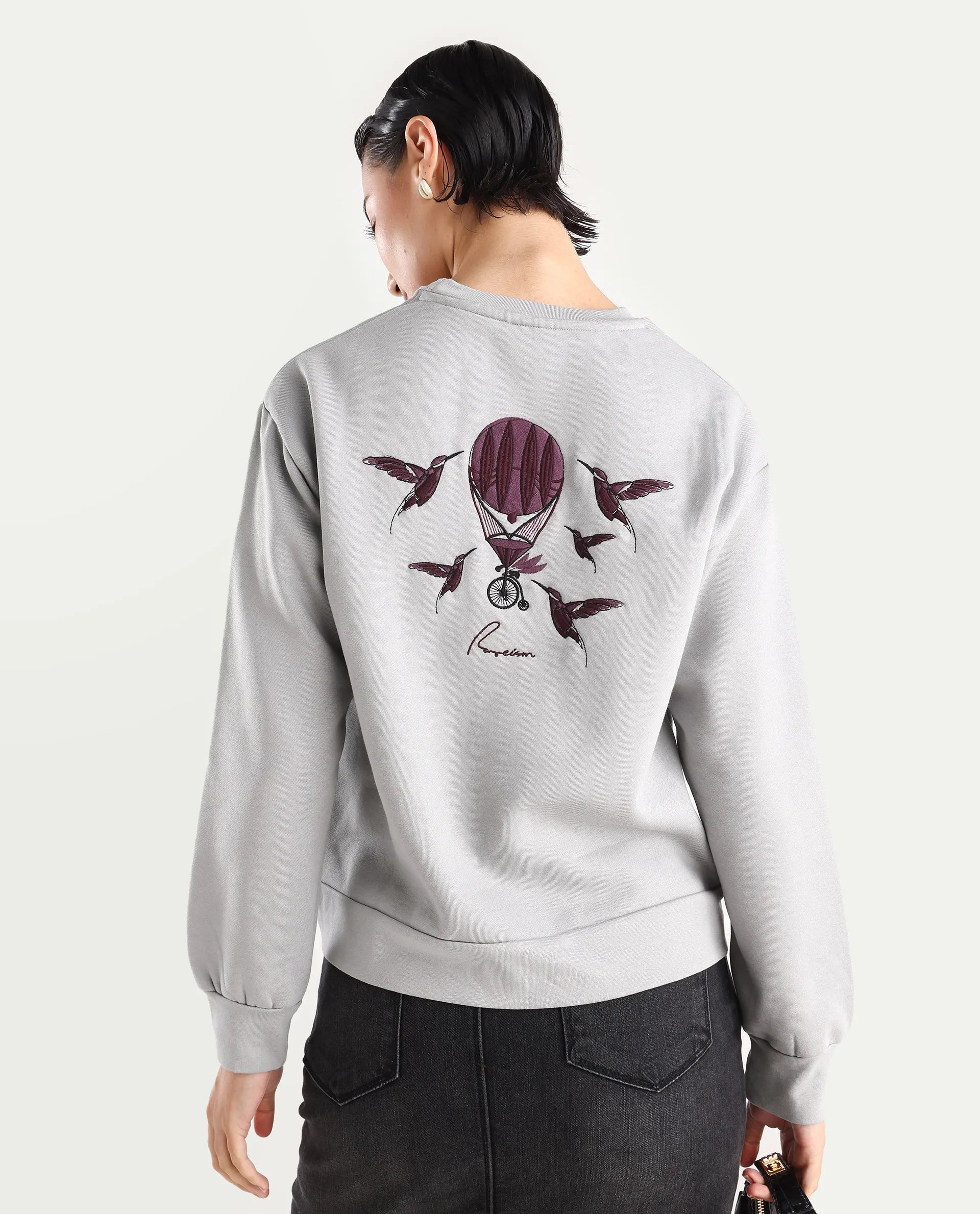 Rareism Women's Taur Grey Cotton Blend Crew Neck Graphic Print Relaxed Fit Sweatshirt