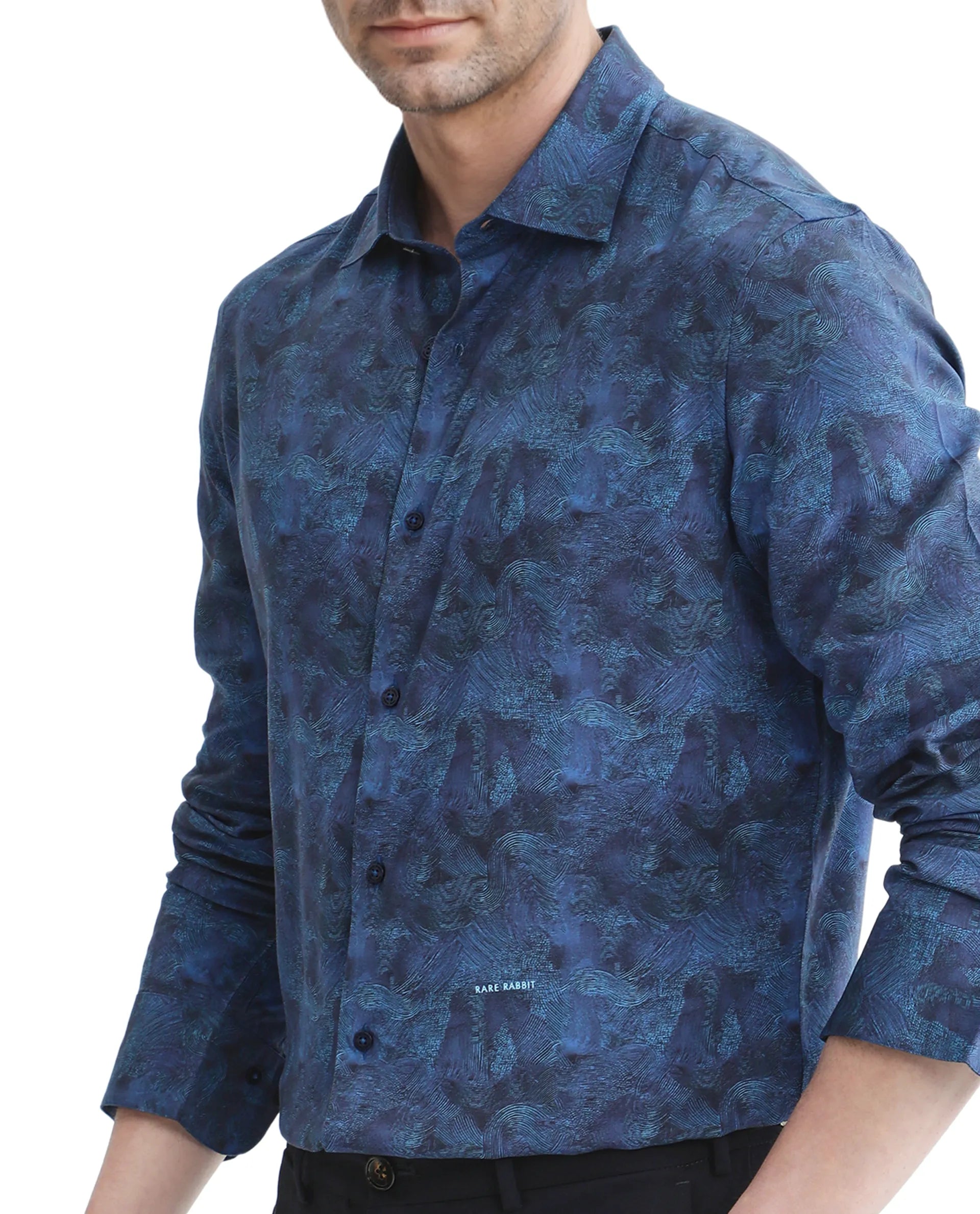 Rare Rabbit Men Taylor Navy Viscose Fabric Printed Shirt